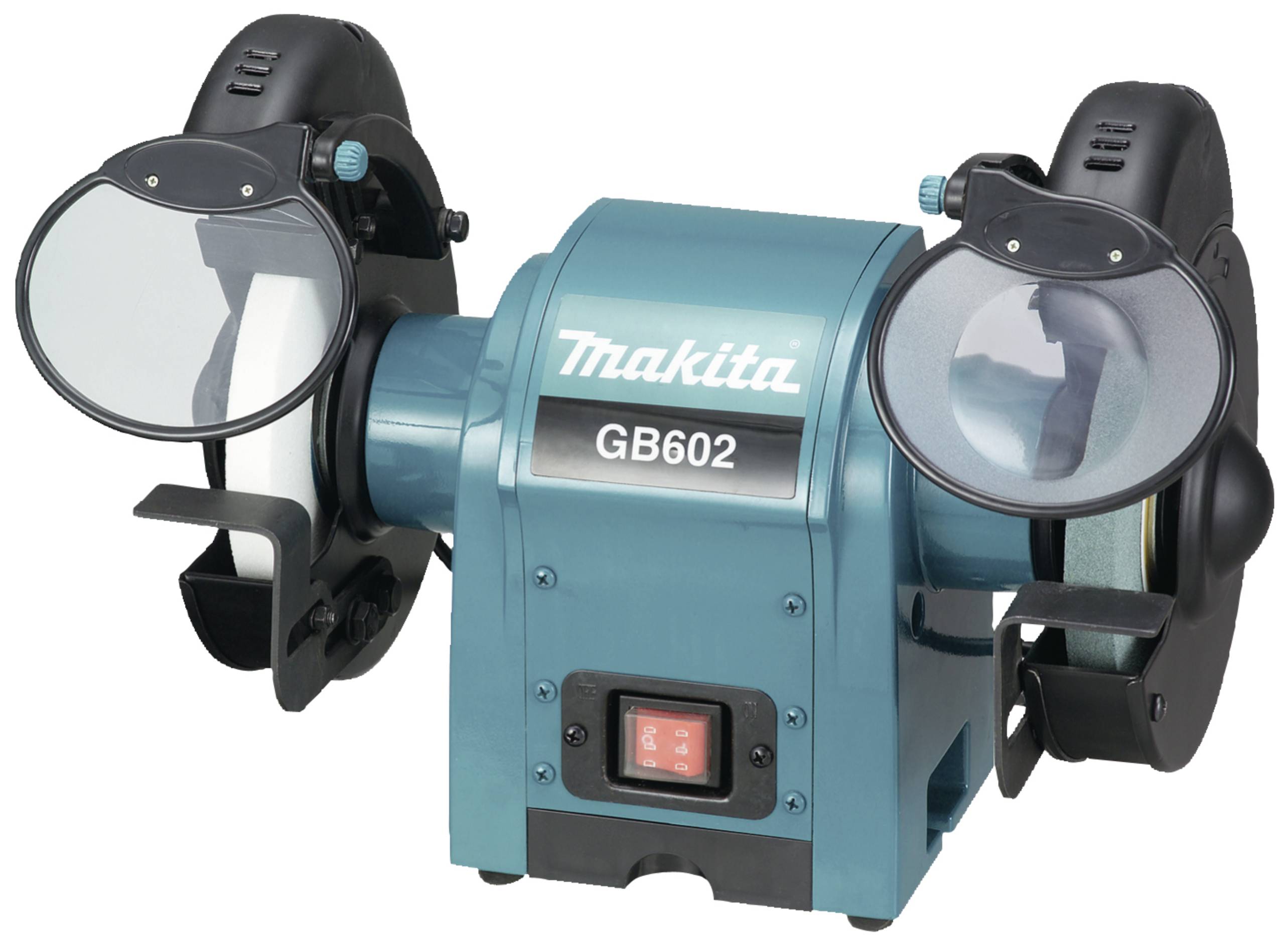 Schleifmaschine der Marke Makita, Modell GB602, in Blau, mit zwei Schleifscheiben und transparenten Schutzabdeckungen.