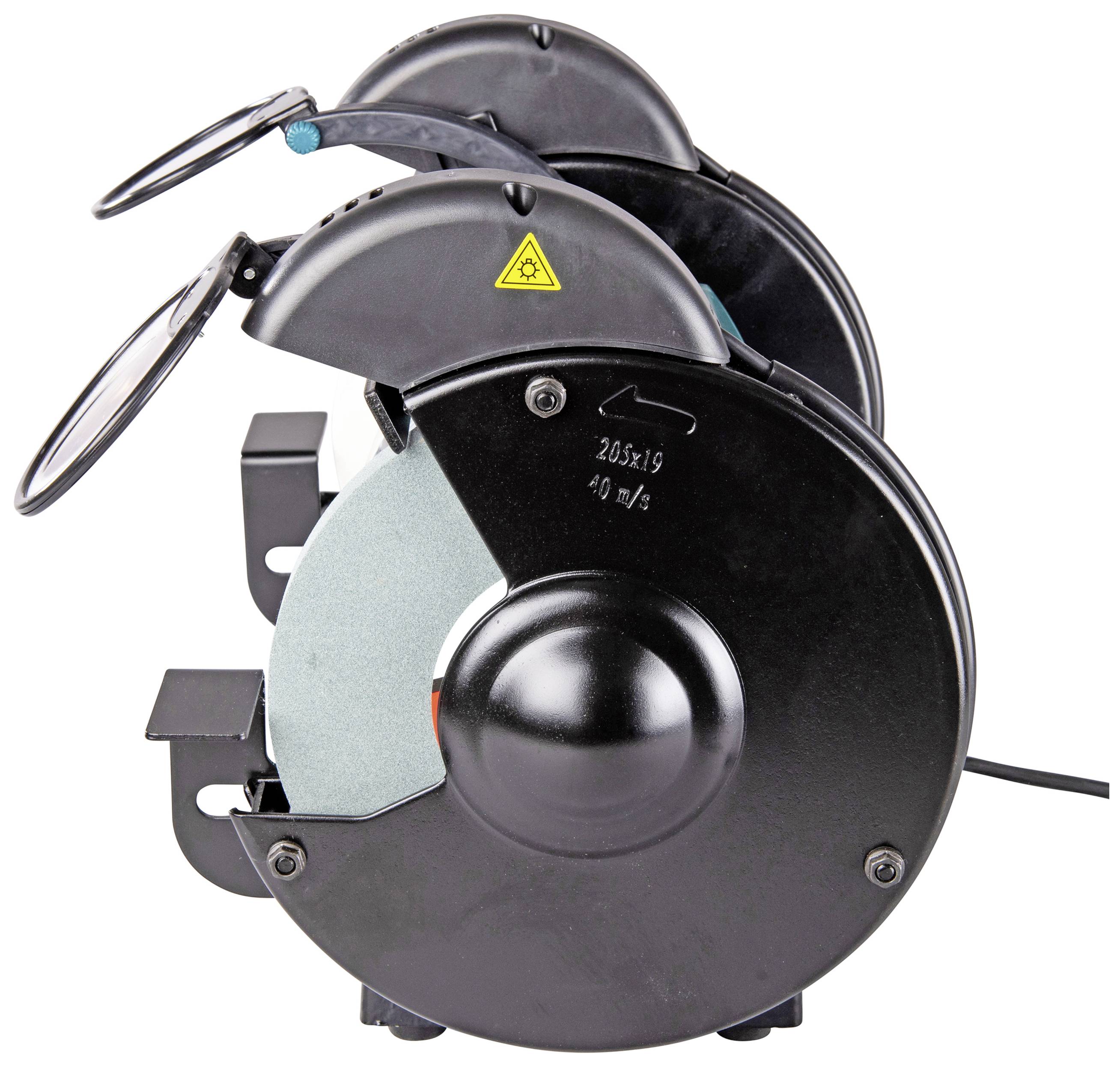 Zwei schwarze Schleifmaschinen nebeneinander, mit grauen Schleifscheiben und Schutzabdeckungen. Geeignet für Werkstattgebrauch.