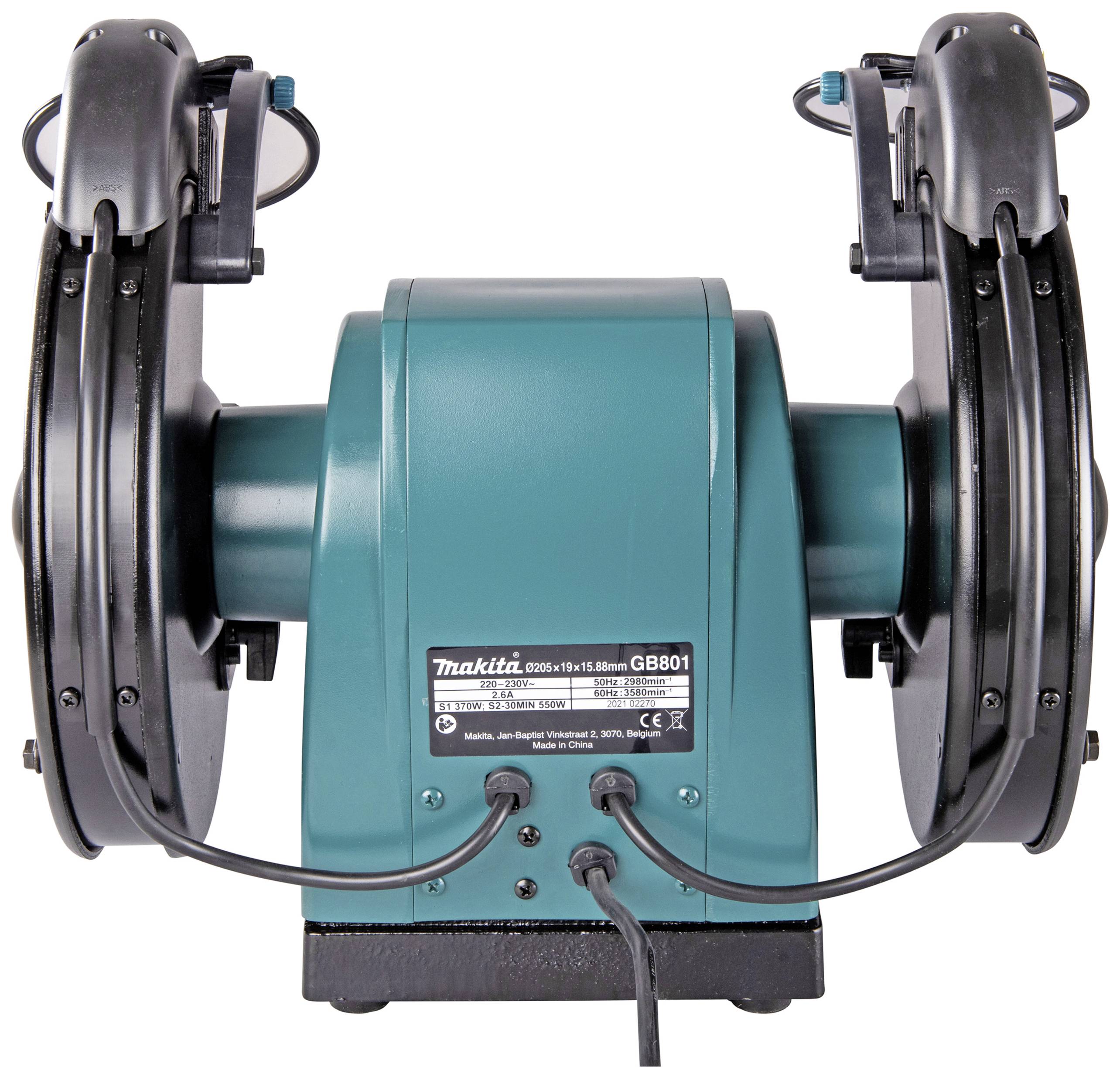 Elektrischer Schleifbock in türkis mit zwei Schleifscheiben links und rechts. Markenname und Modellnummer auf der Vorderseite.