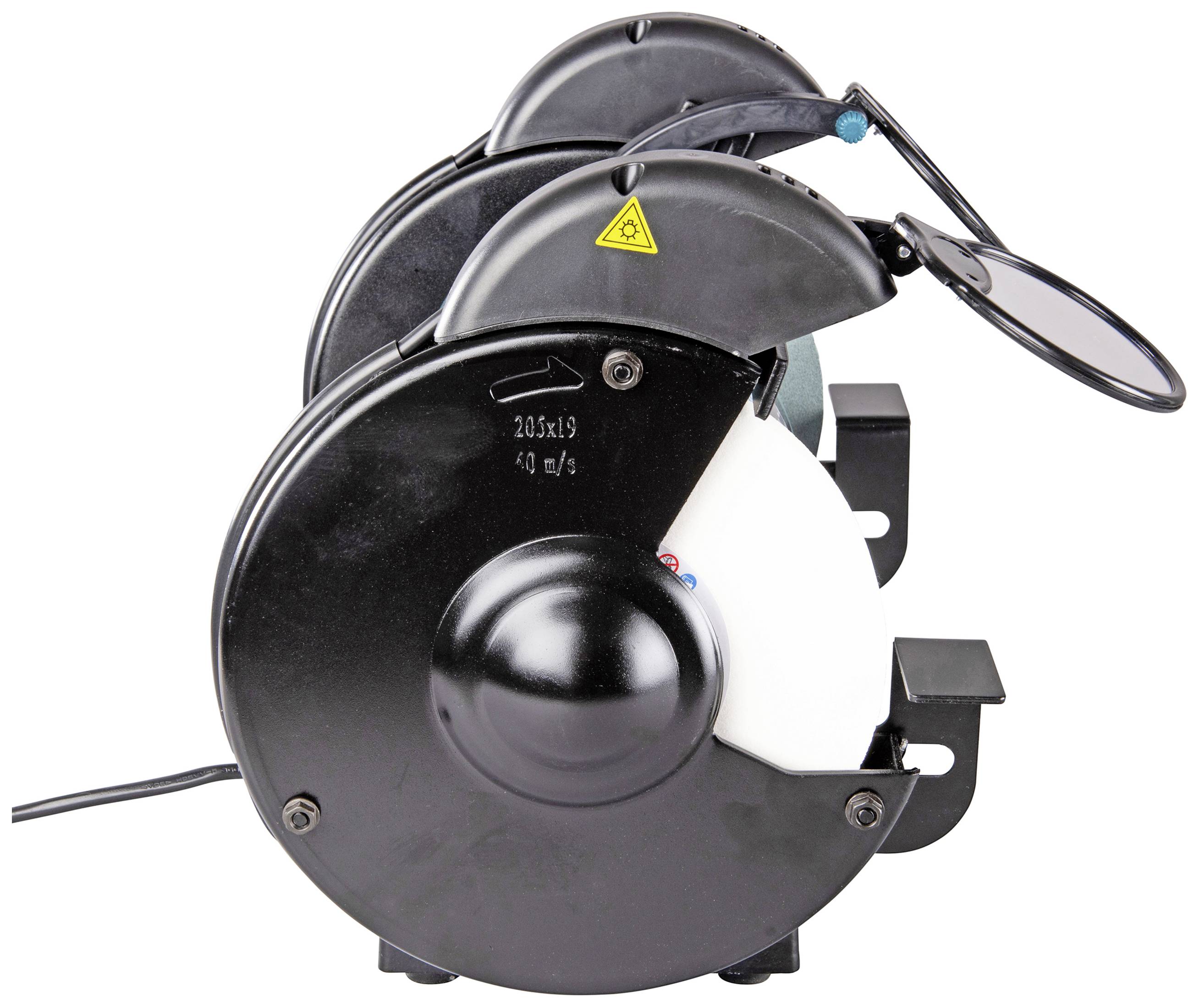 Abb.: Schleifmaschine mit zwei rotierenden Schleifscheiben, Schutzabdeckungen und schwarzem Gehäuse für Werkstattnutzung.