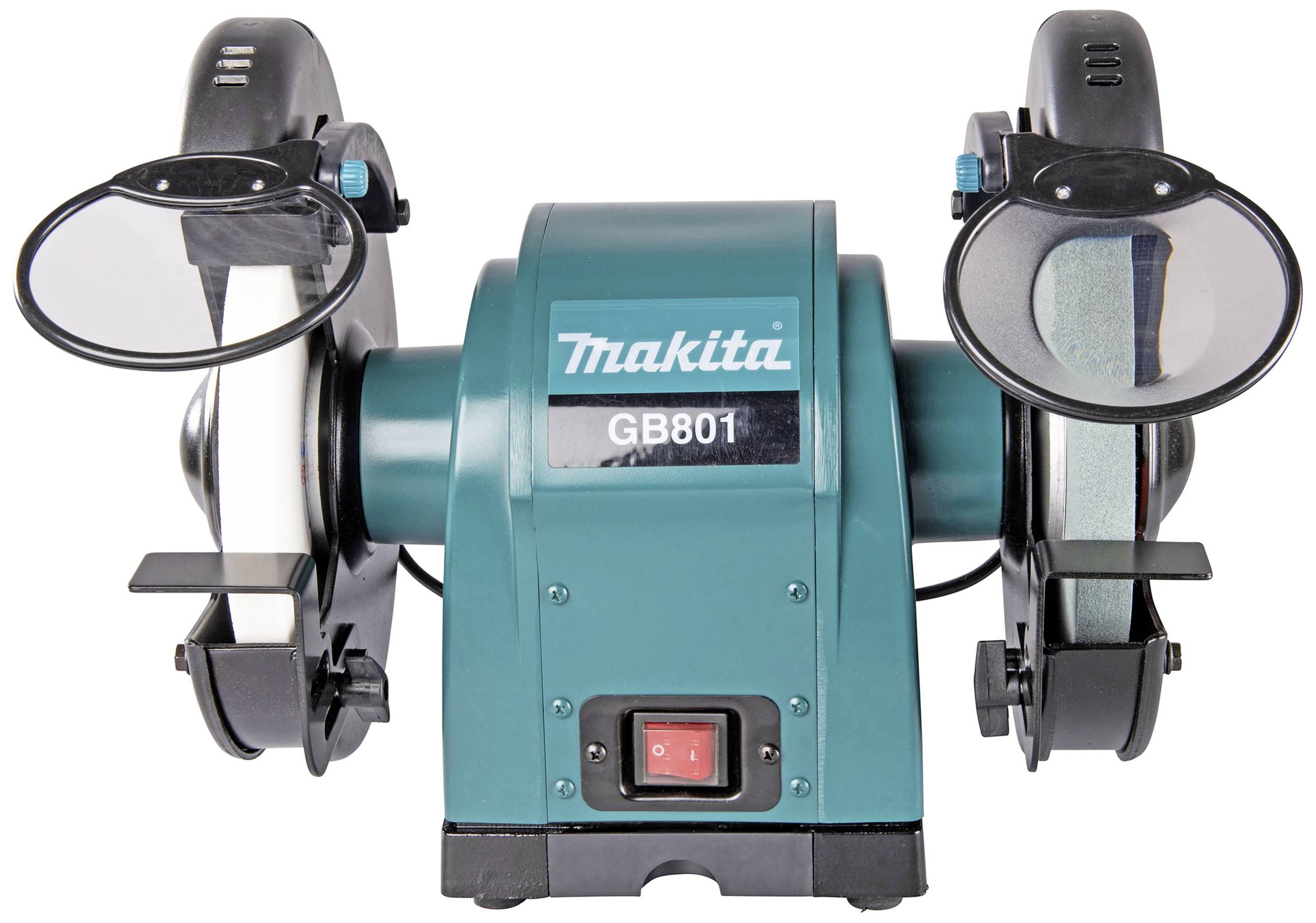 Ein grüner Doppelschleifer der Marke Makita, Modell GB801, mit zwei Schleifscheiben und Linsen zur genauen Bearbeitung von Materialien.