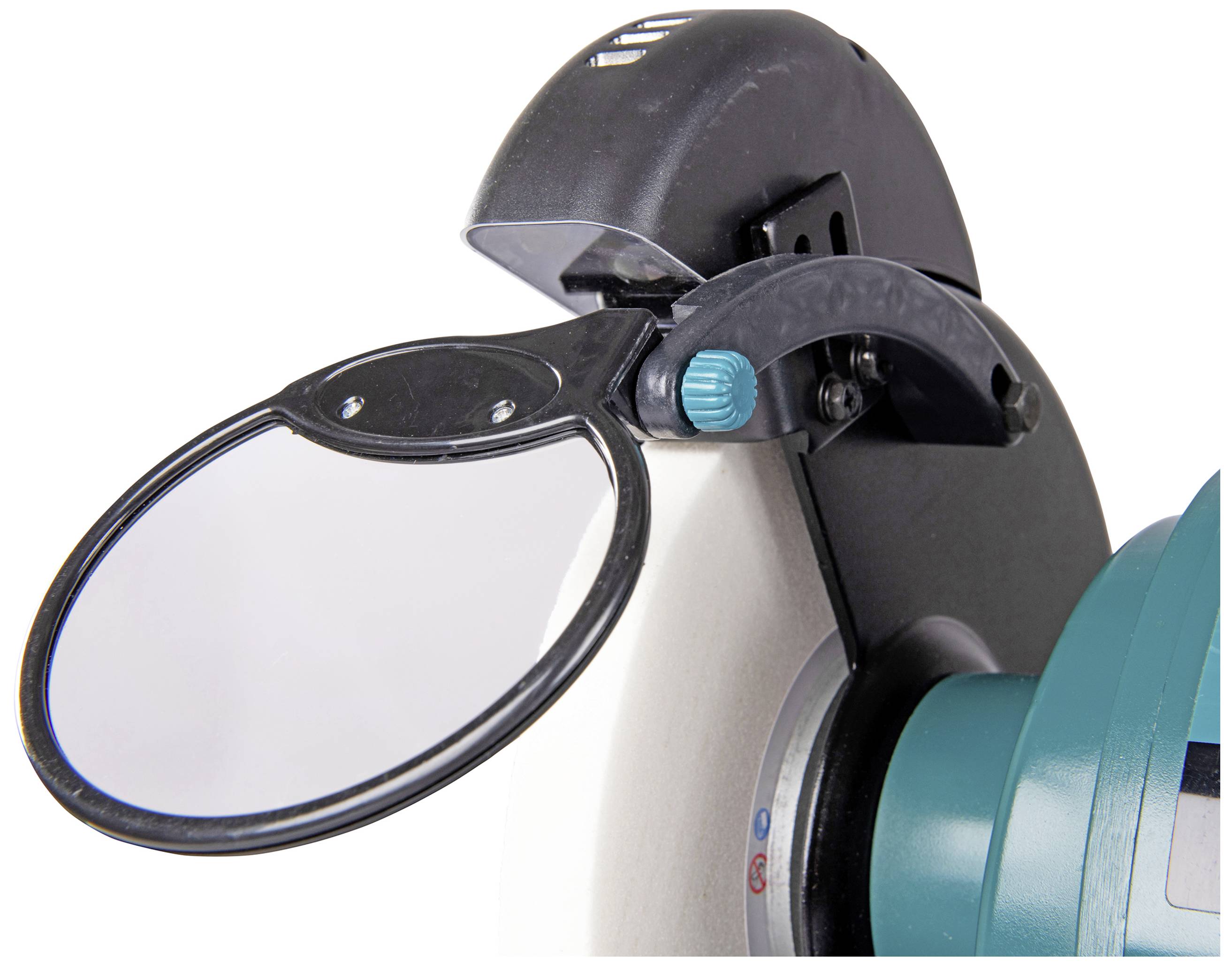 Schutzscheibe eines Schleifgeräts zeigt eine transparente Kunststoffabdeckung mit Einstellschraube, angebracht über der Schleifscheibe.