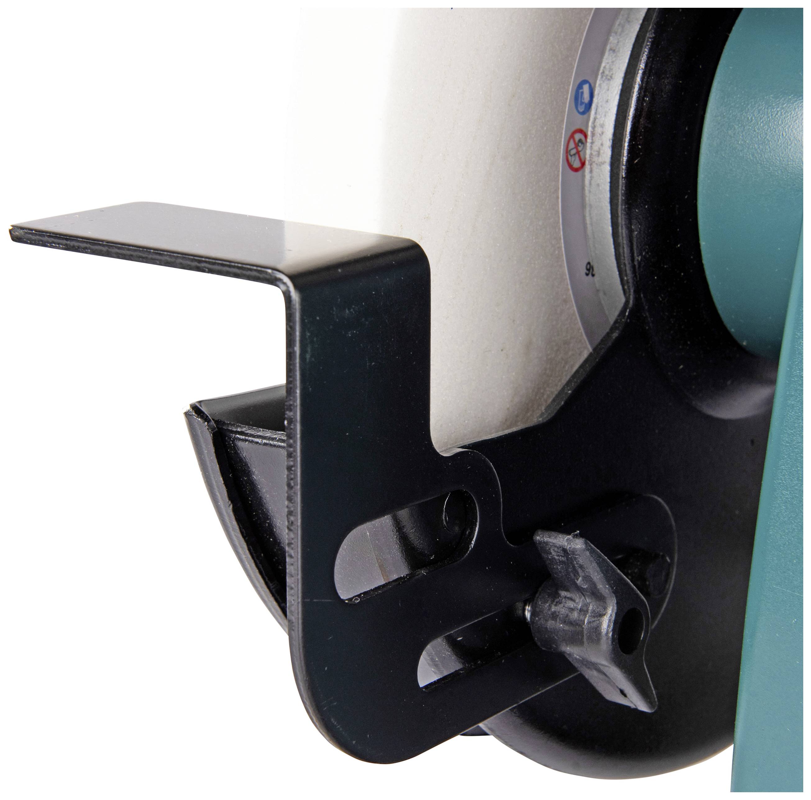 Nahaufnahme einer Schleifmaschine mit Schutzabdeckung. Ein Schleifrad ist sichtbar. Die Maschine hat eine grün-schwarze Farbkombination.