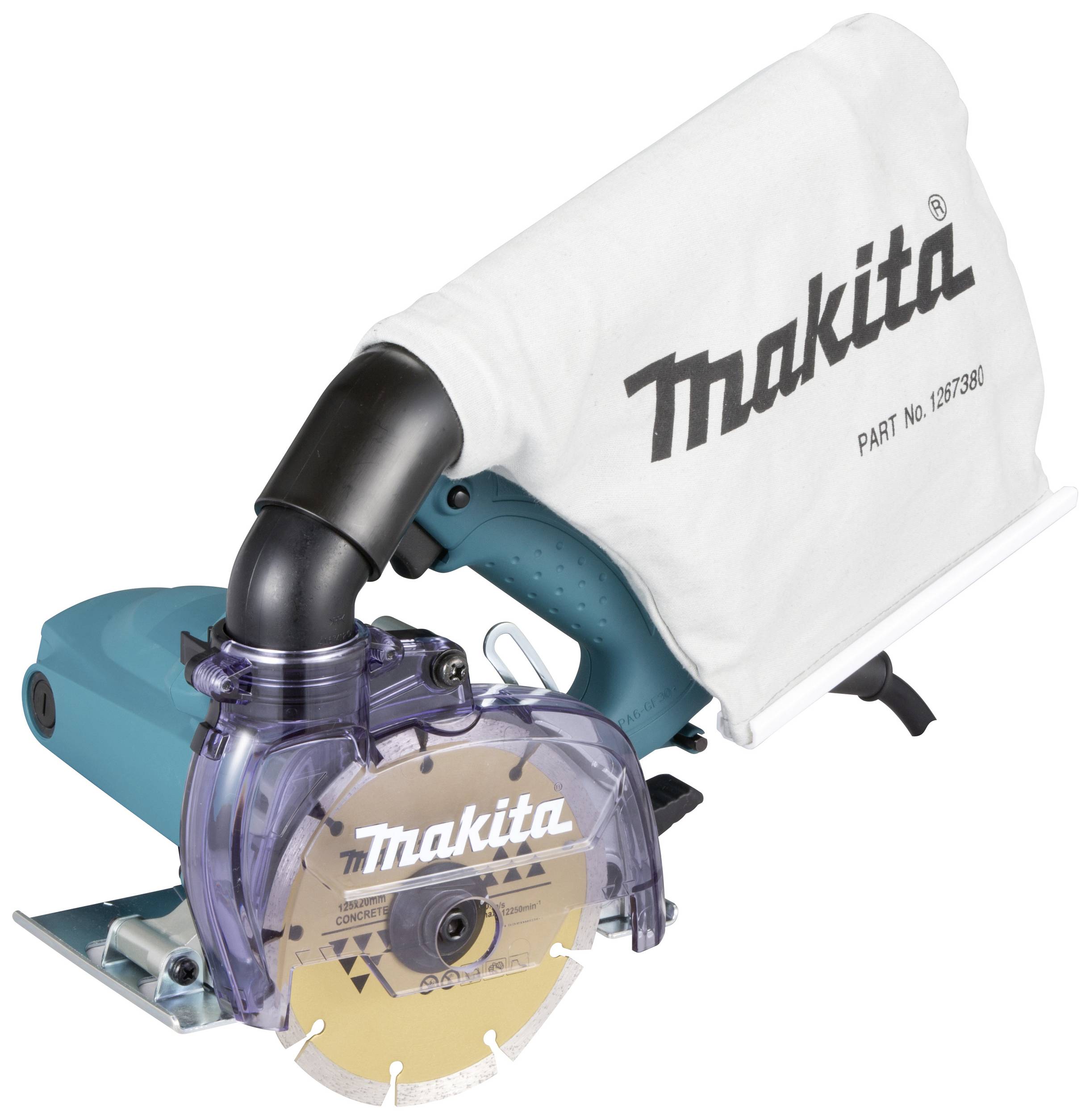 Eine blaue Handkreissäge mit durchsichtigem Schutzgehäuse und Staubsack mit 'Makita'-Logo, liegt auf weißem Hintergrund.