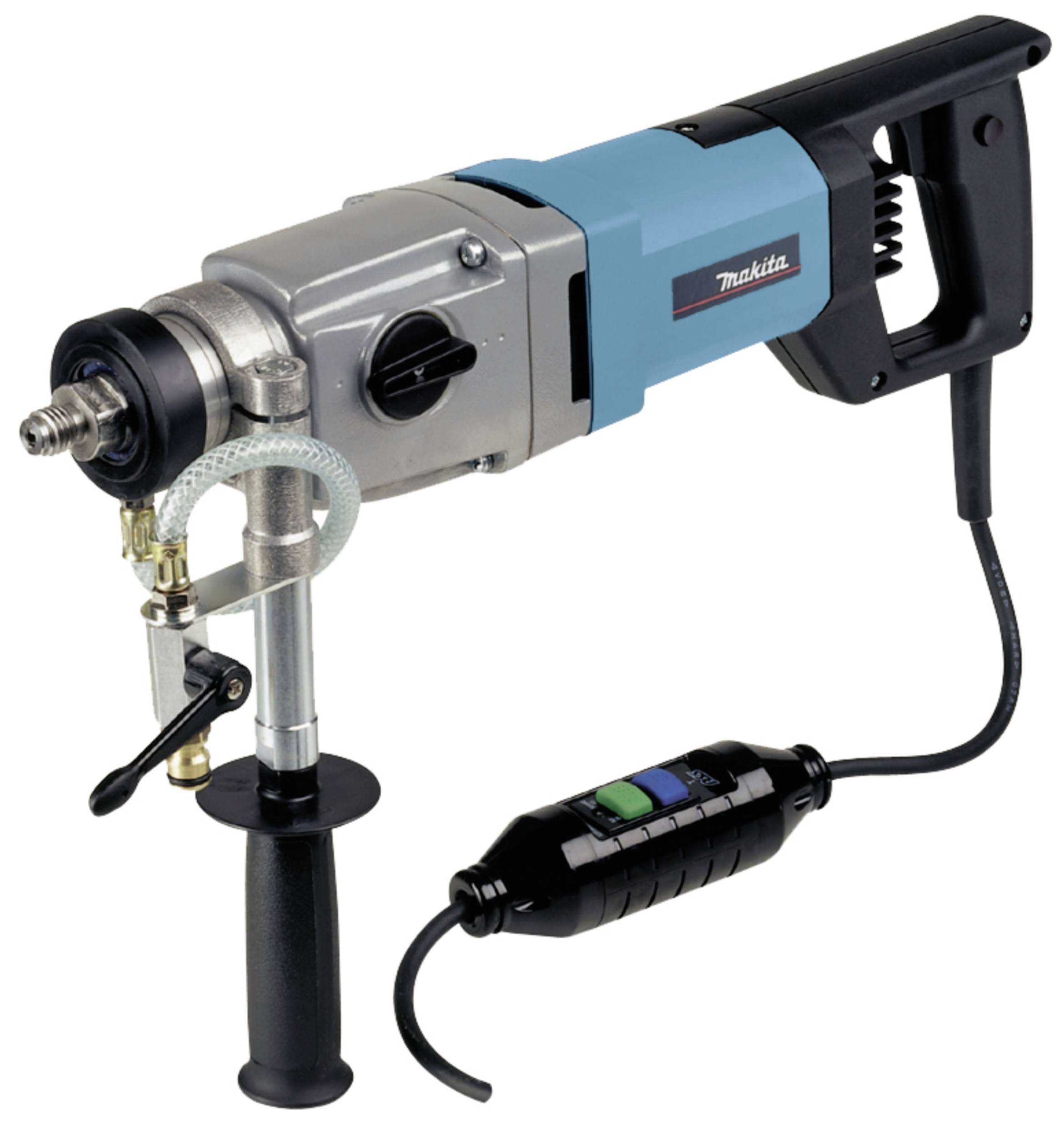 Eine Makita Bohrmaschine, stehend auf einem Ständer, mit schwarzem Griff und angeschlossenem Kabel für den elektrischen Betrieb.