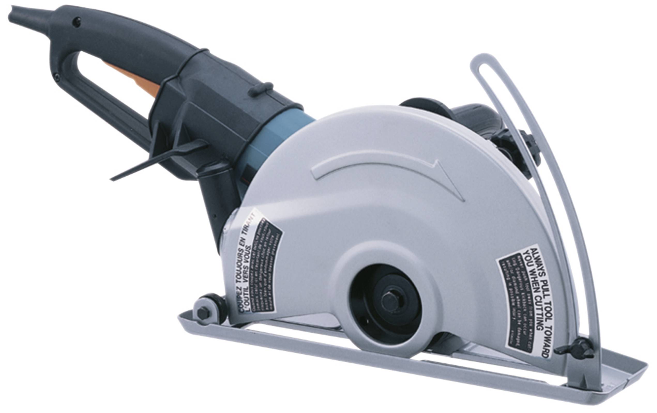 Eine elektrische Kreissäge mit Schutzabdeckung und ergonomischem Griff, geeignet zum Schneiden von Holz und anderen Materialien.
