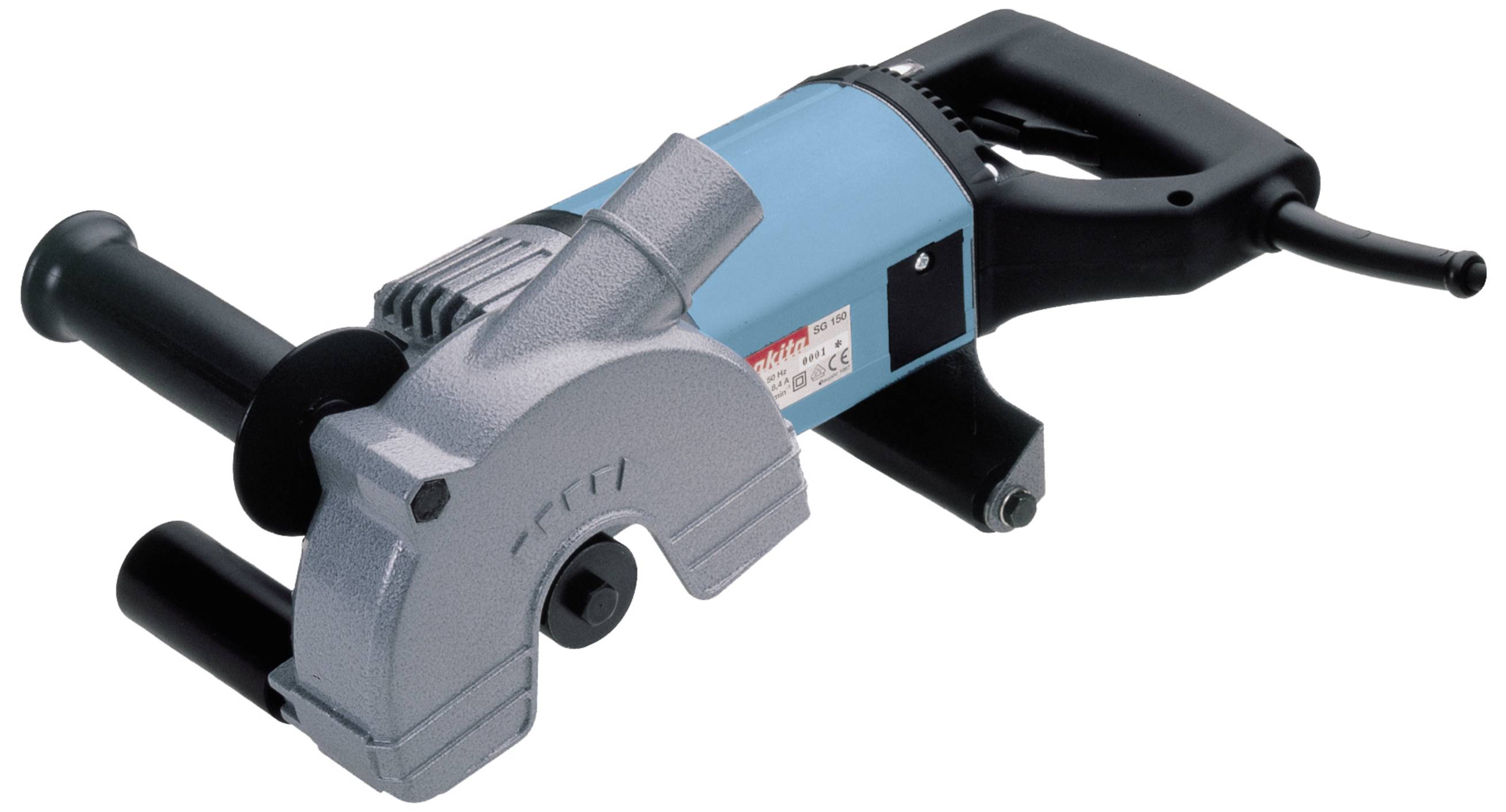 Ein blauer und schwarzer Elektrowerkzeug, vermutlich ein Mauernutfräse, mit zwei Griffen und einem Schutz über der Klinge.