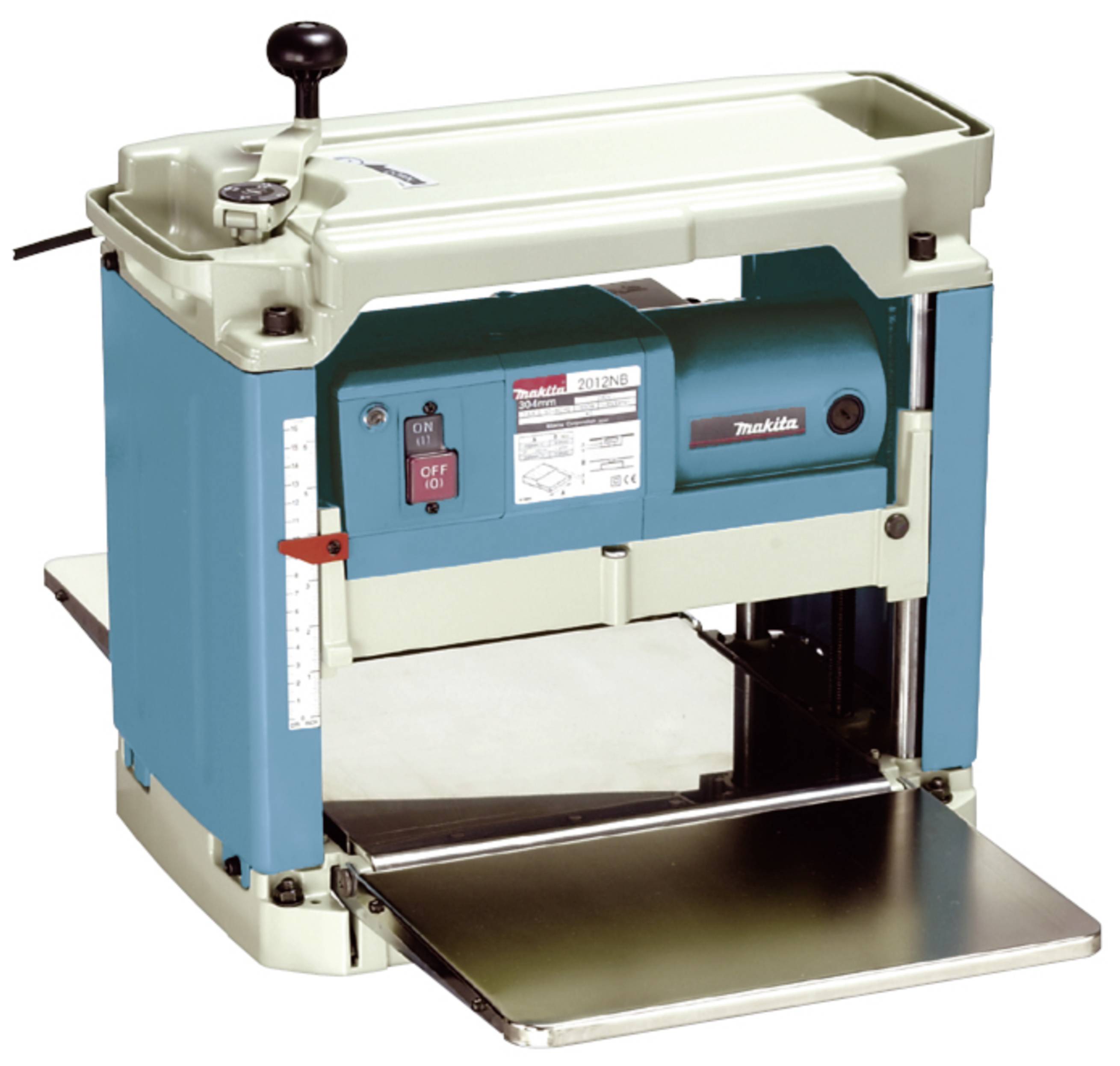 Eine blaue Hobelmaschine mit Ein-/Ausschalter und Sicherheitsautomatik. Links befindet sich eine Messskala zur Einstellung der Höhe.