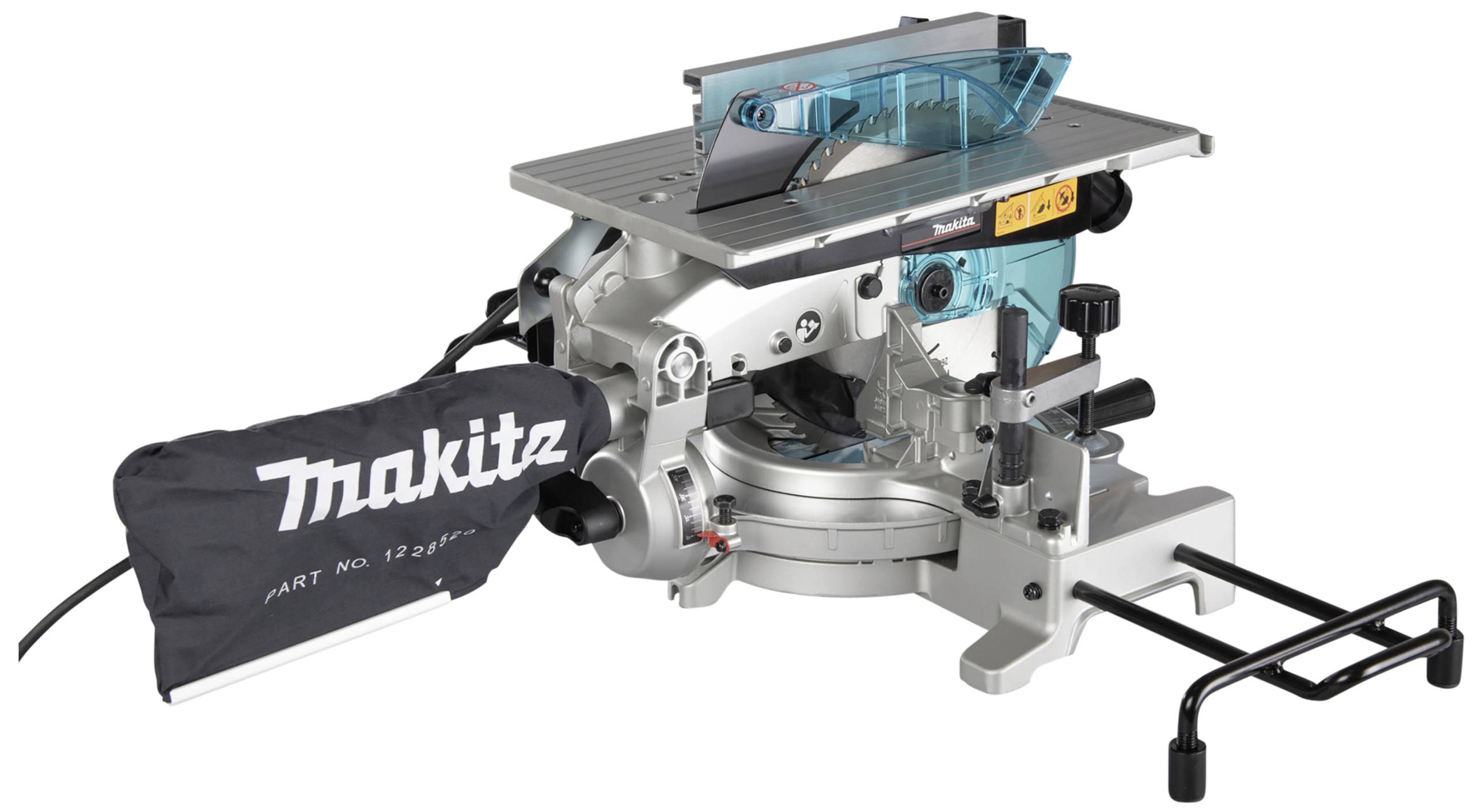 Kappsäge von Makita mit Staubbeutel und Führungseinrichtung. Entworfen für präzises Schneiden von Holz und anderen Materialien.