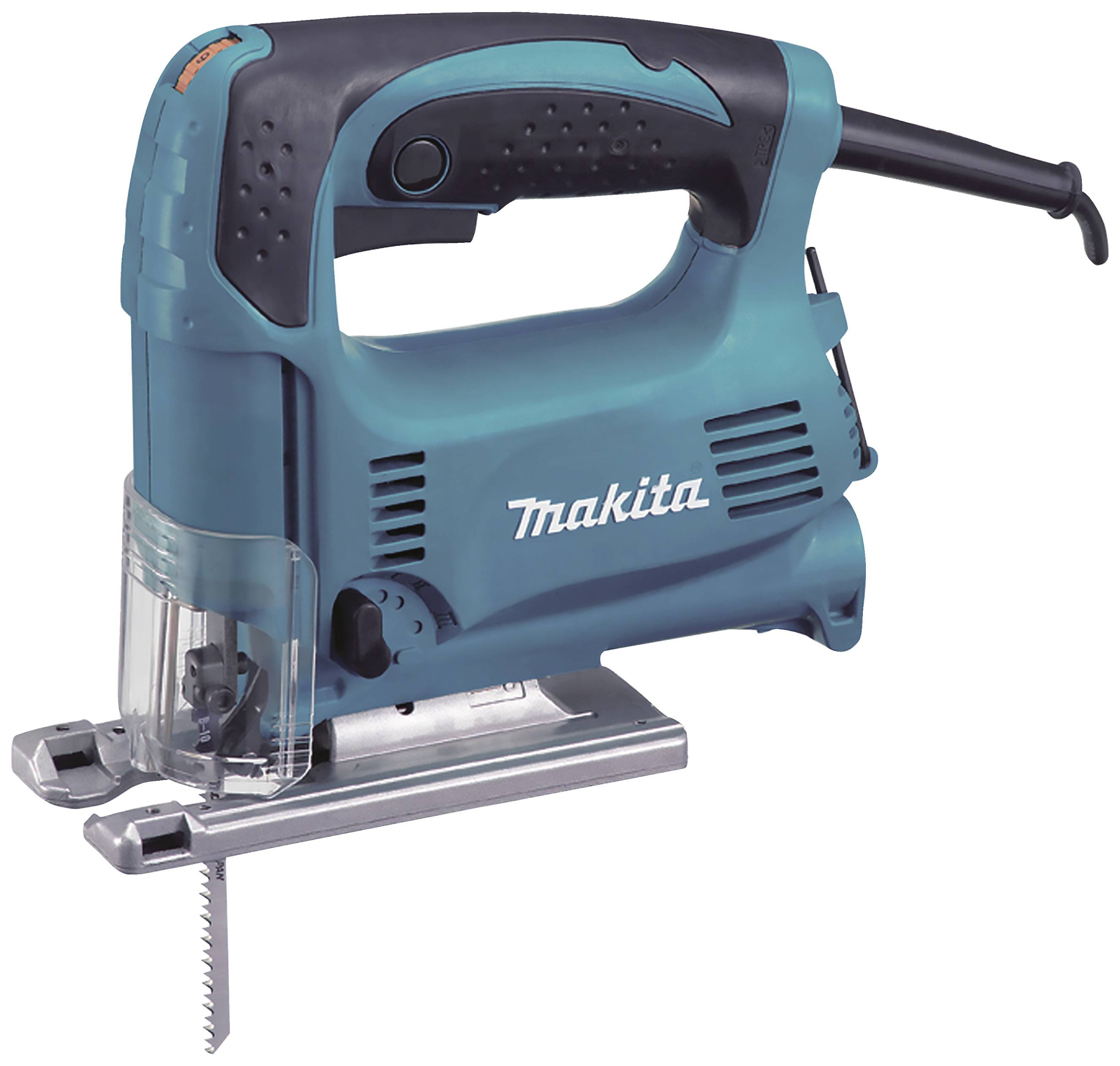 Türkisfarbene Handstichsäge von Makita mit schwarzem Griff und transparentem Schutz. Eignet sich zum präzisen Schneiden von Holz.