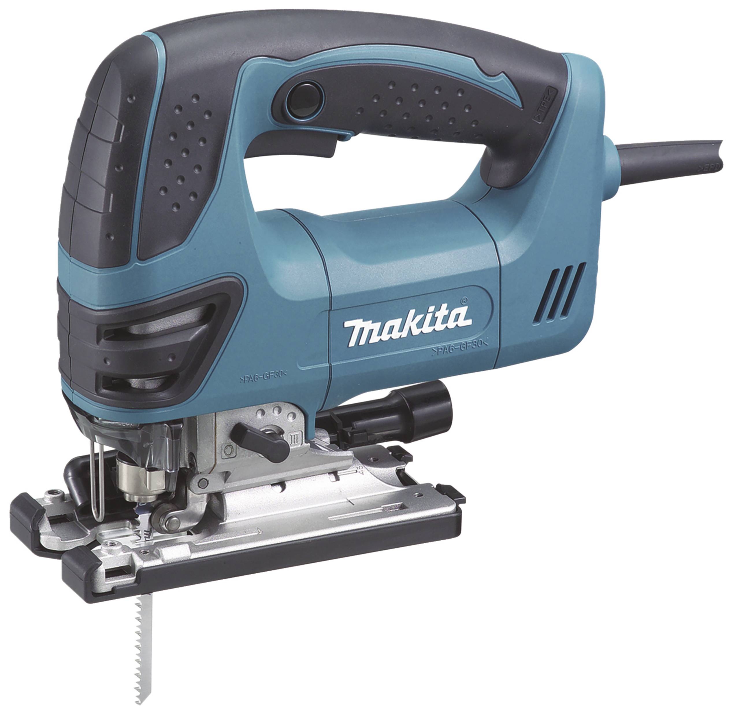 Eine blaue elektrische Stichsäge mit ergonomischem Griff und silberner Bodenplatte. Markenname 'Makita' auf der Seite.