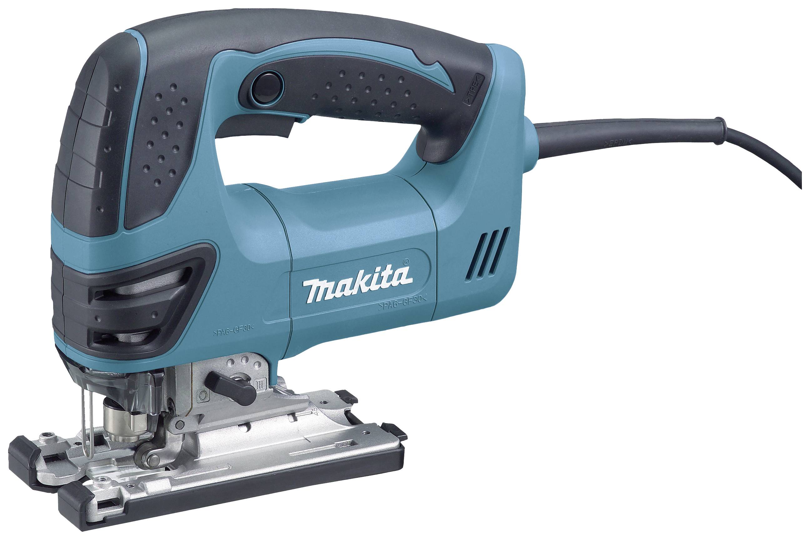 Eine elektrische Stichsäge in Türkis mit schwarzem Griff.