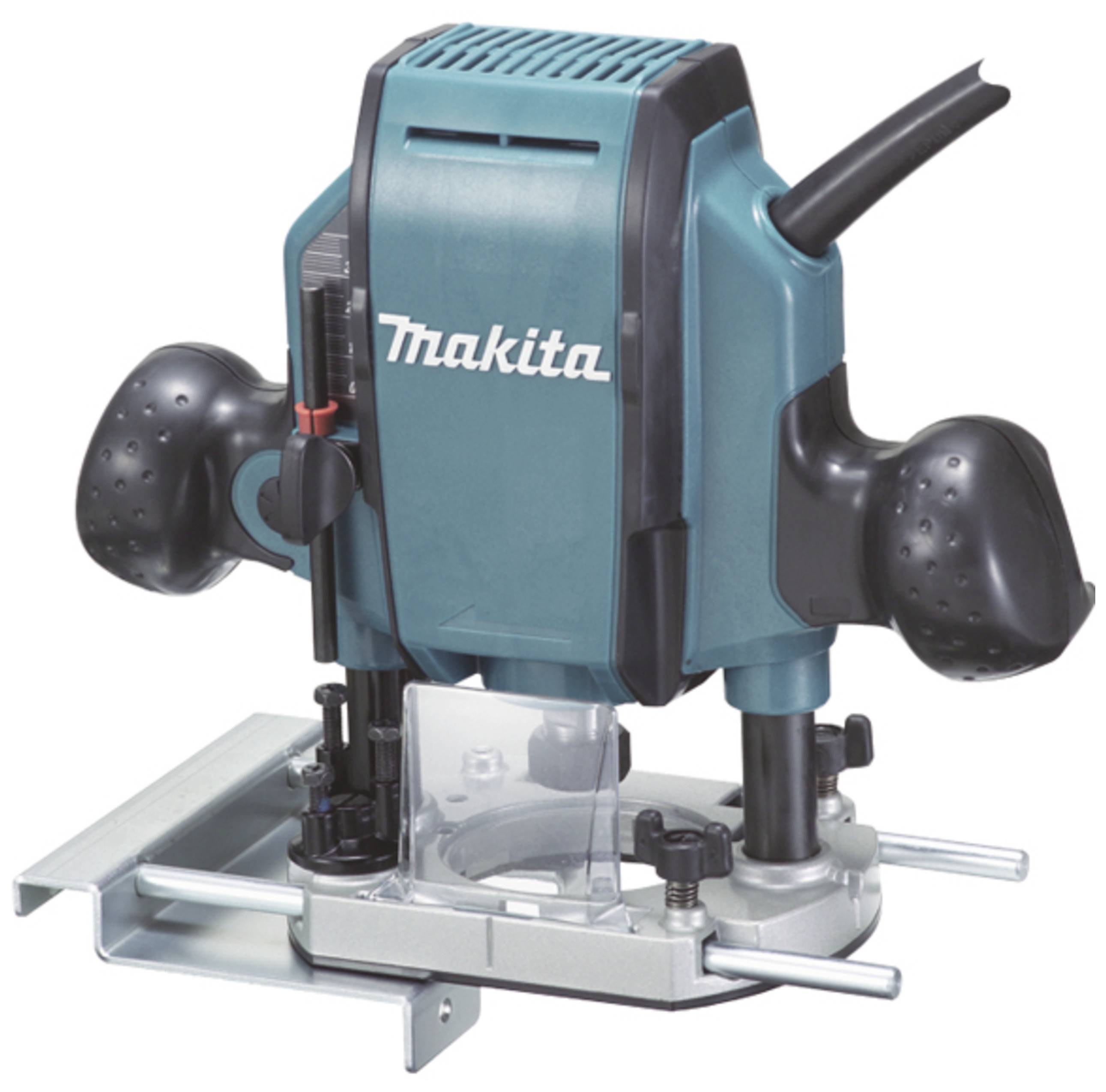 Elektro-Oberfräse von Makita, blau-schwarz, mit zwei Griffen und Tiefeneinstellung. Ideal für präzises Holzfräsen.