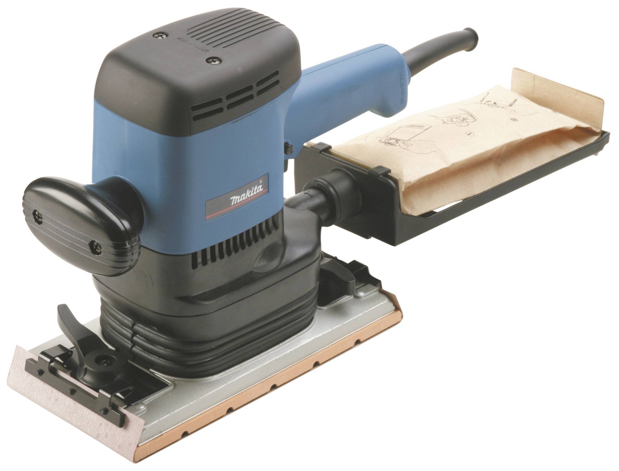Elektroschleifmaschine mit blauer und schwarzer Oberfläche, rechteckigem Schleifblock und Staubauffangbeutel.