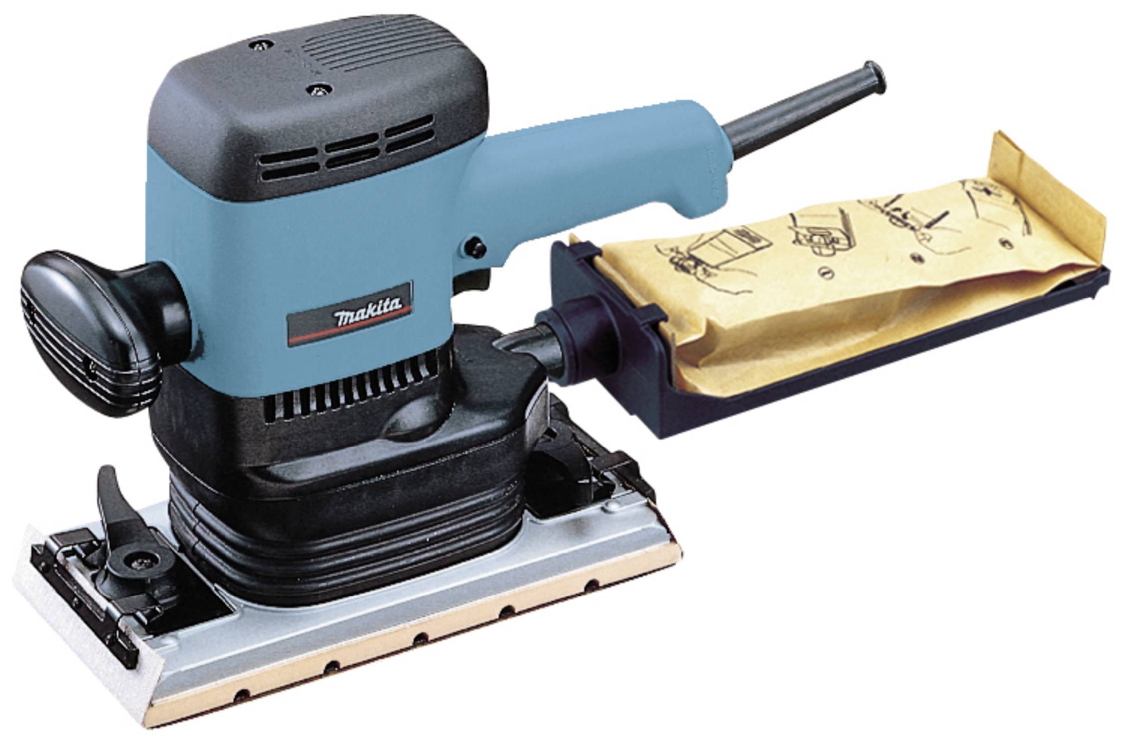 Ein blauer und schwarzer Elektroschleifer mit einem Staubfangbeutel, auf einem weißen Hintergrund dargestellt.