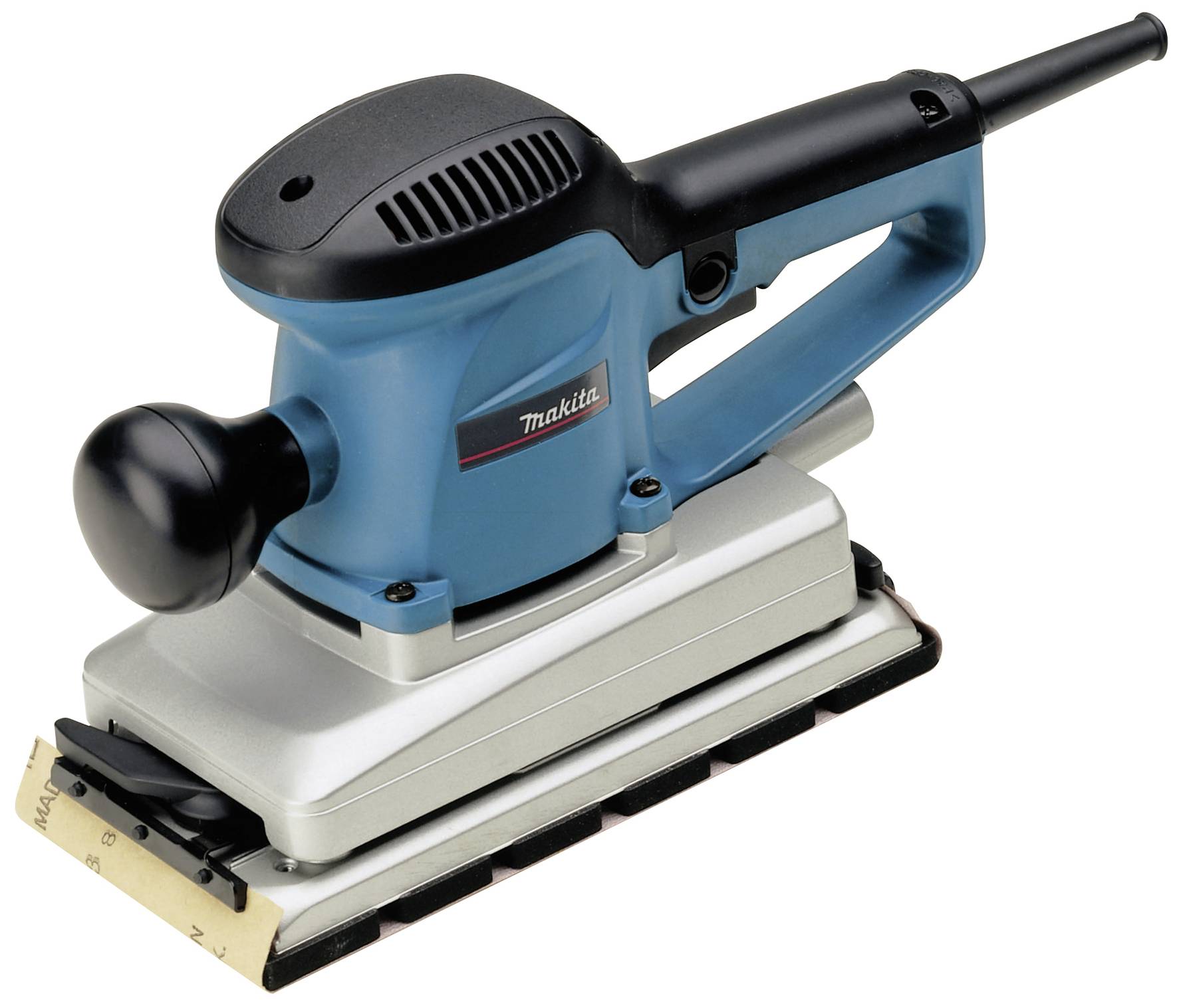 Elektrischer Schwingschleifer mit blau-schwarzem Gehäuse und rechteckiger Schleiffläche, ideal zum Glätten von Holzoberflächen.