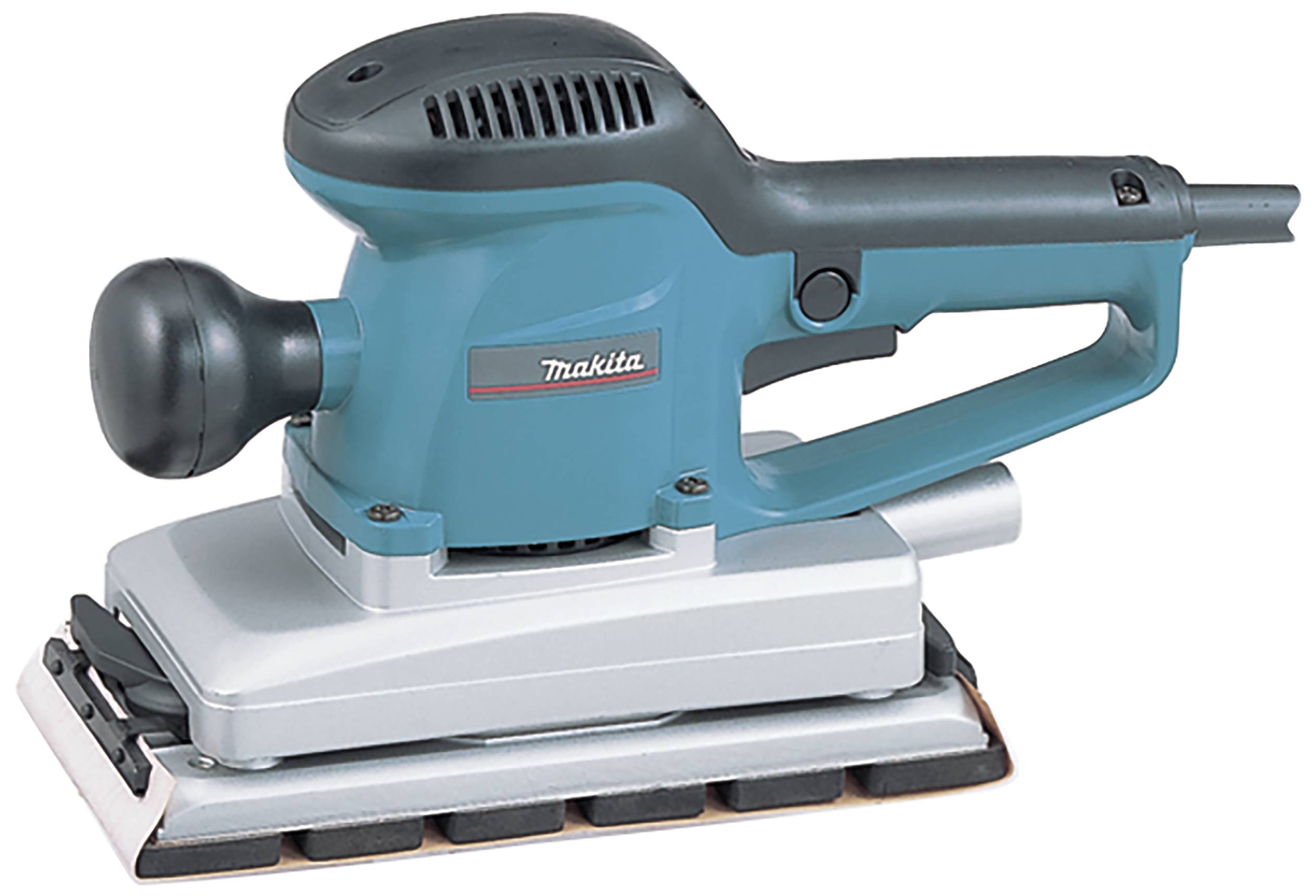 Ein blauer Elektroschleifer mit einem ergonomischen Handgriff ist abgebildet. Er dient zum Schleifen von Oberflächen.