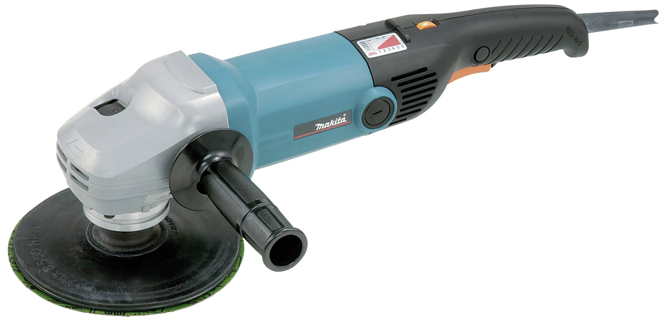 Eine blaue und schwarze elektrische Poliermaschine mit einem großen runden Polierteller und einem Griff an der Seite.