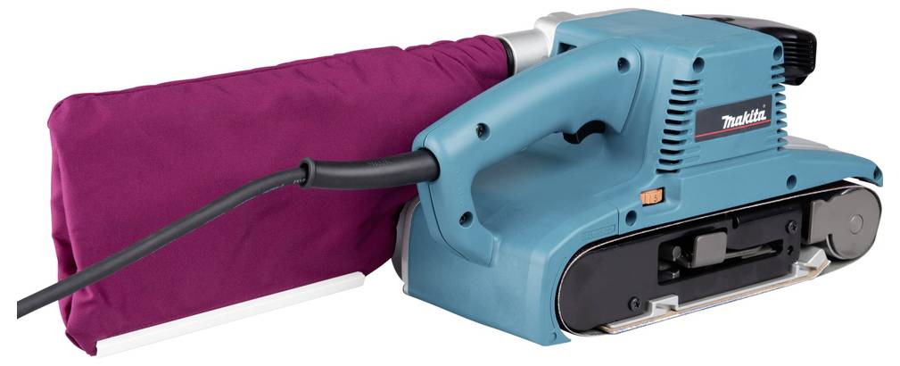 Eine türkisfarbene Bandschleifmaschine mit einem braunen Staubbeutel, verwendet zum Schleifen von Oberflächen für eine glatte Finish.