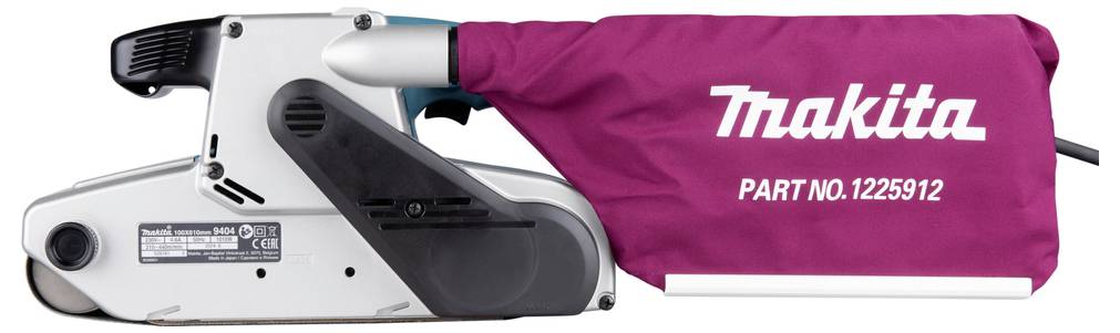 Ein Bandschleifer mit Netzbetrieb und einem weinroten Staubbeutel, auf dem 