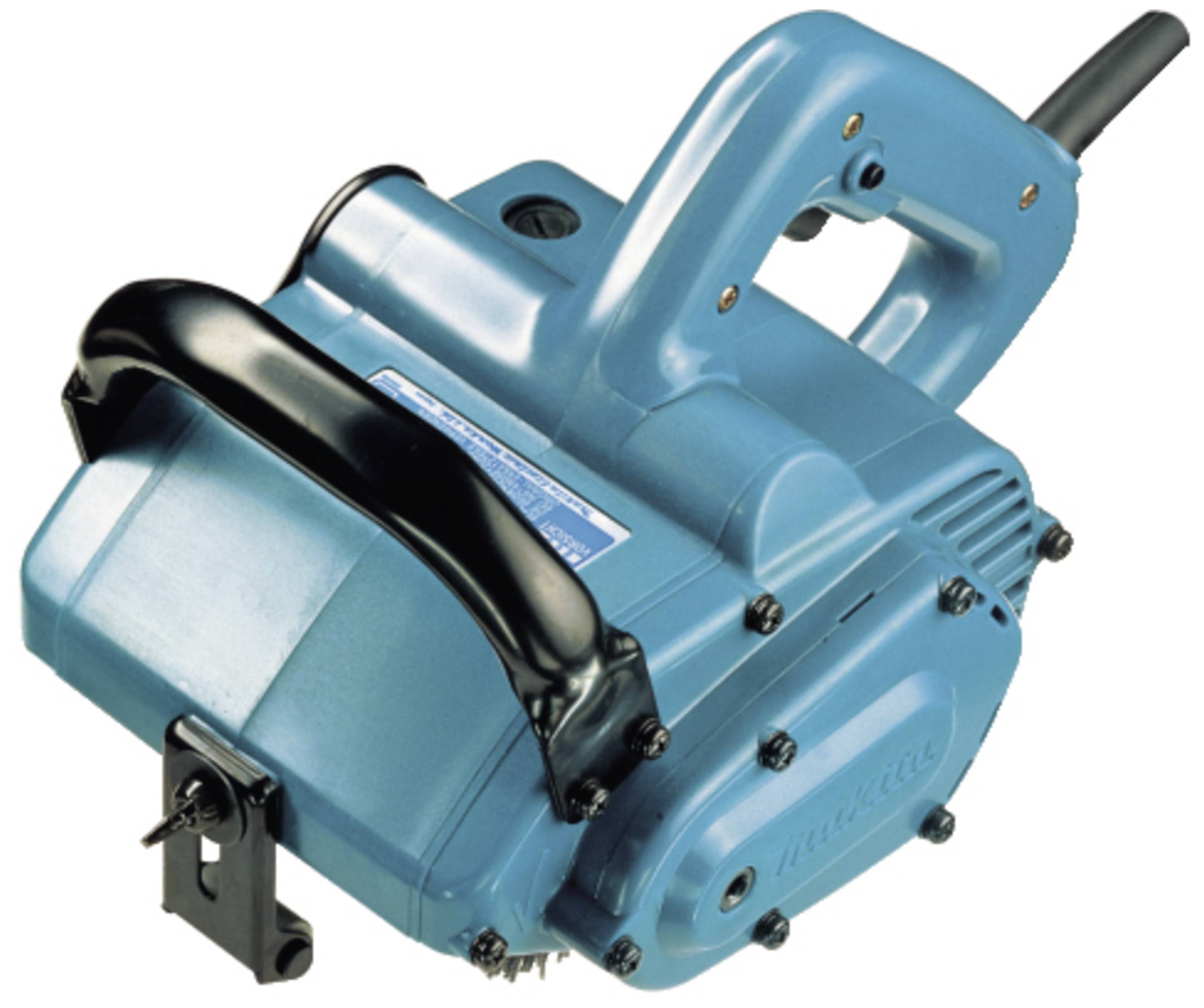 Ein elektrisches Handwerkzeug mit einem blauen Gehäuse und schwarzem Griff, das für Holzarbeiten verwendet wird.