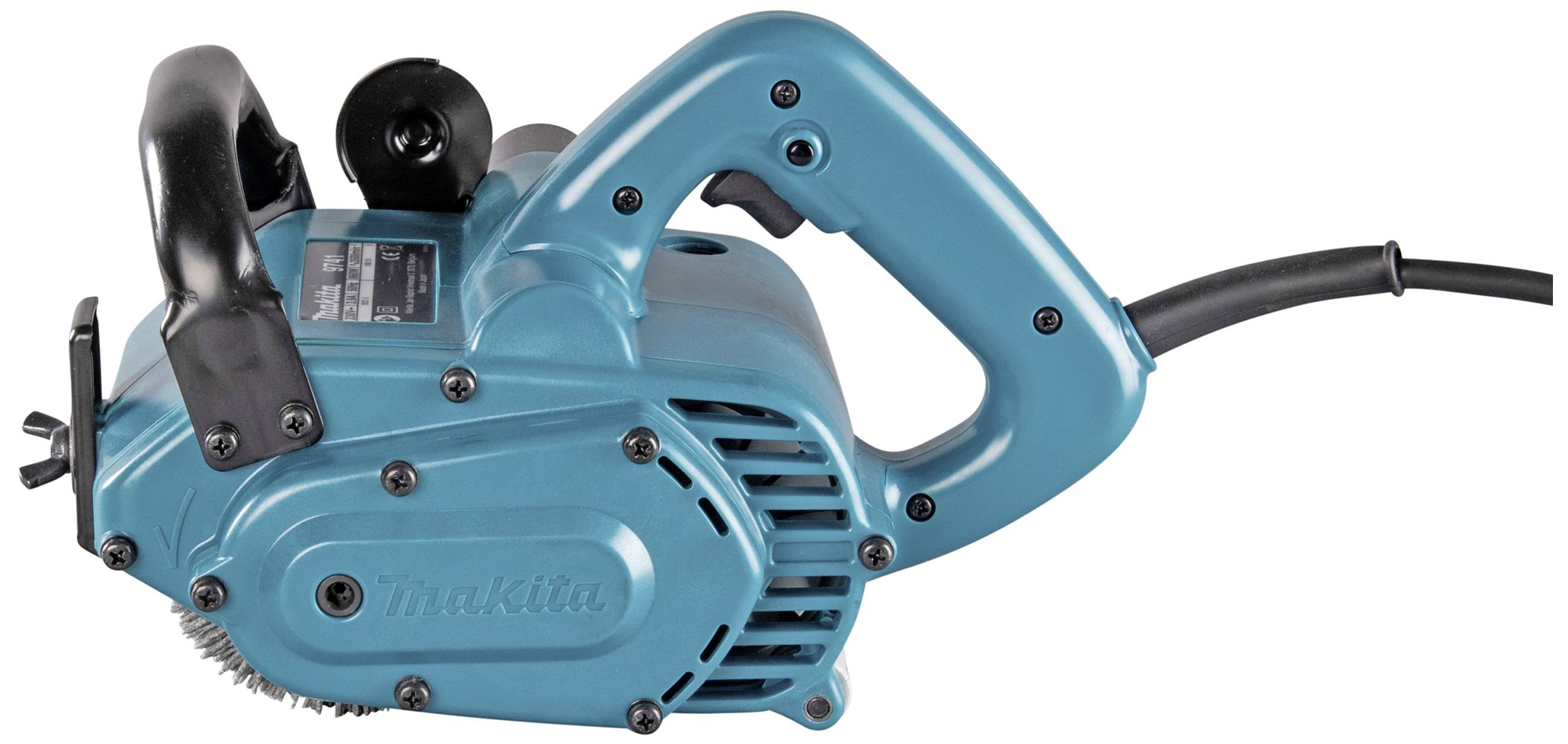 Elektrisches Schleifwerkzeug in Blau mit schwarzem Griff. Netzstecker auf der rechten Seite. Links sichtbare rotierende Schleifscheibe.