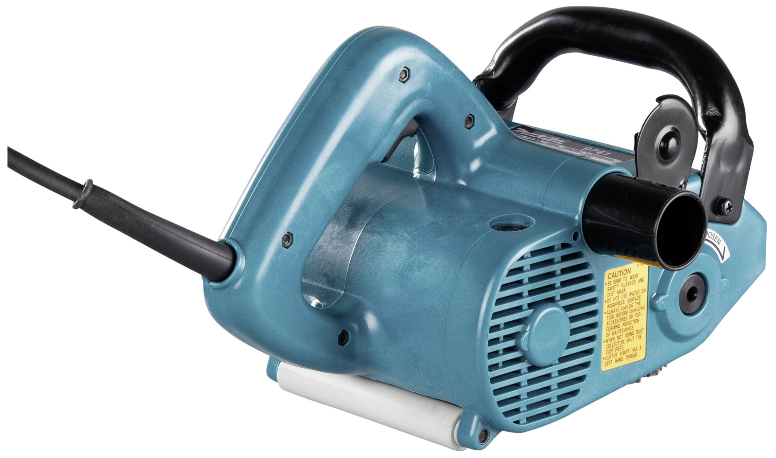 Ein blauer elektrischer Bandschleifer mit schwarzem Griff. Er hat eine Anschlussleitung und ist für Schleifarbeiten geeignet.