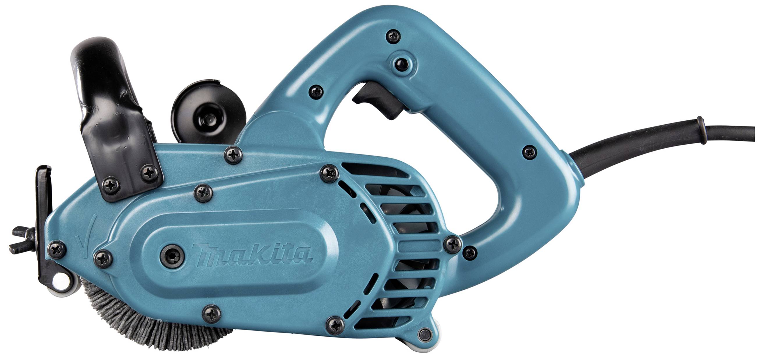 Blauer Elektroschleifer mit rotierender Drahtbürste, geeignet für Oberflächenbearbeitung.