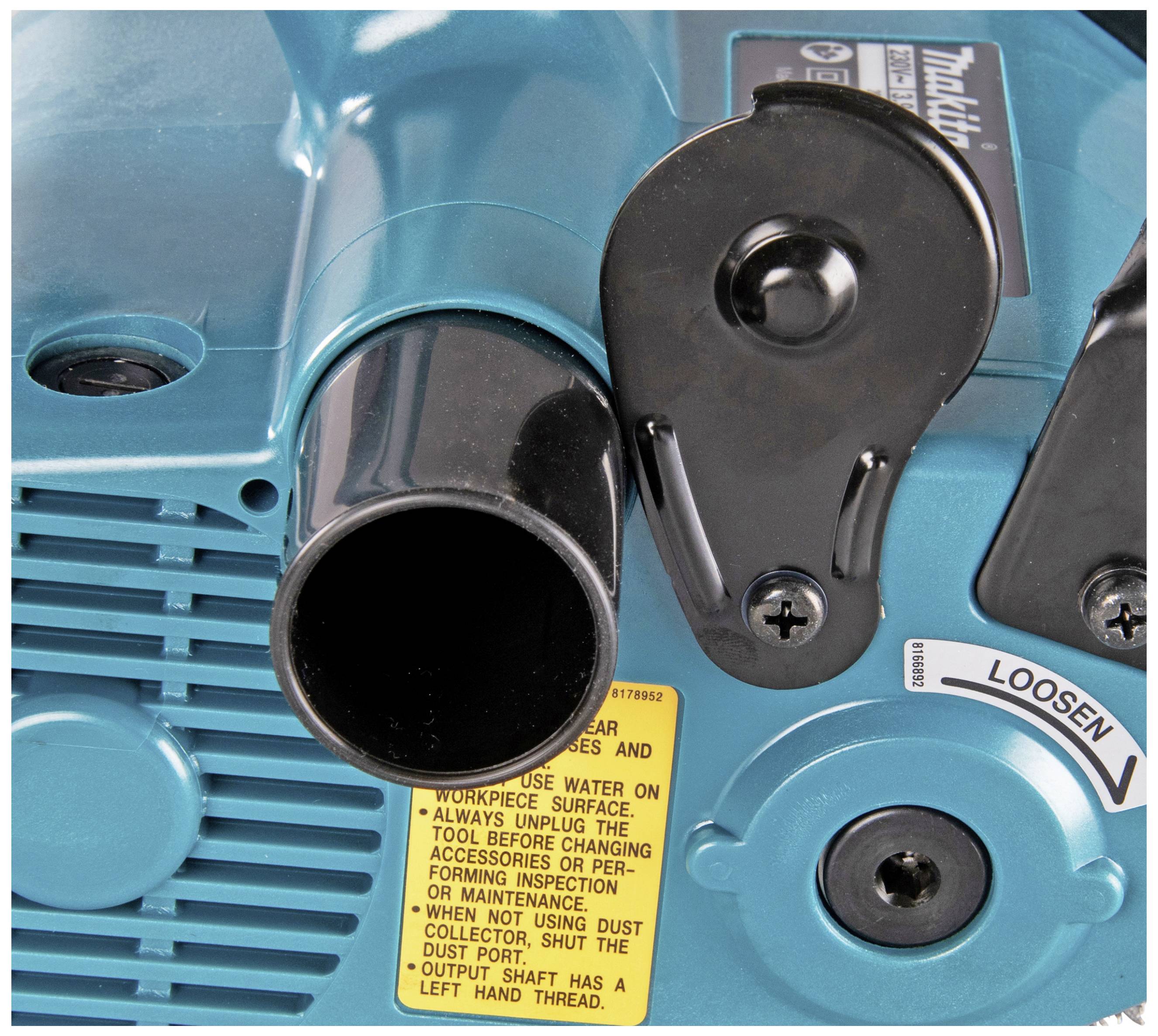 Ein elektrisches Werkzeug mit einem blauen Gehäuse und einem schwarzen Auspuffventil. Ein gelbes Warnschild gibt Sicherheitsanweisungen.