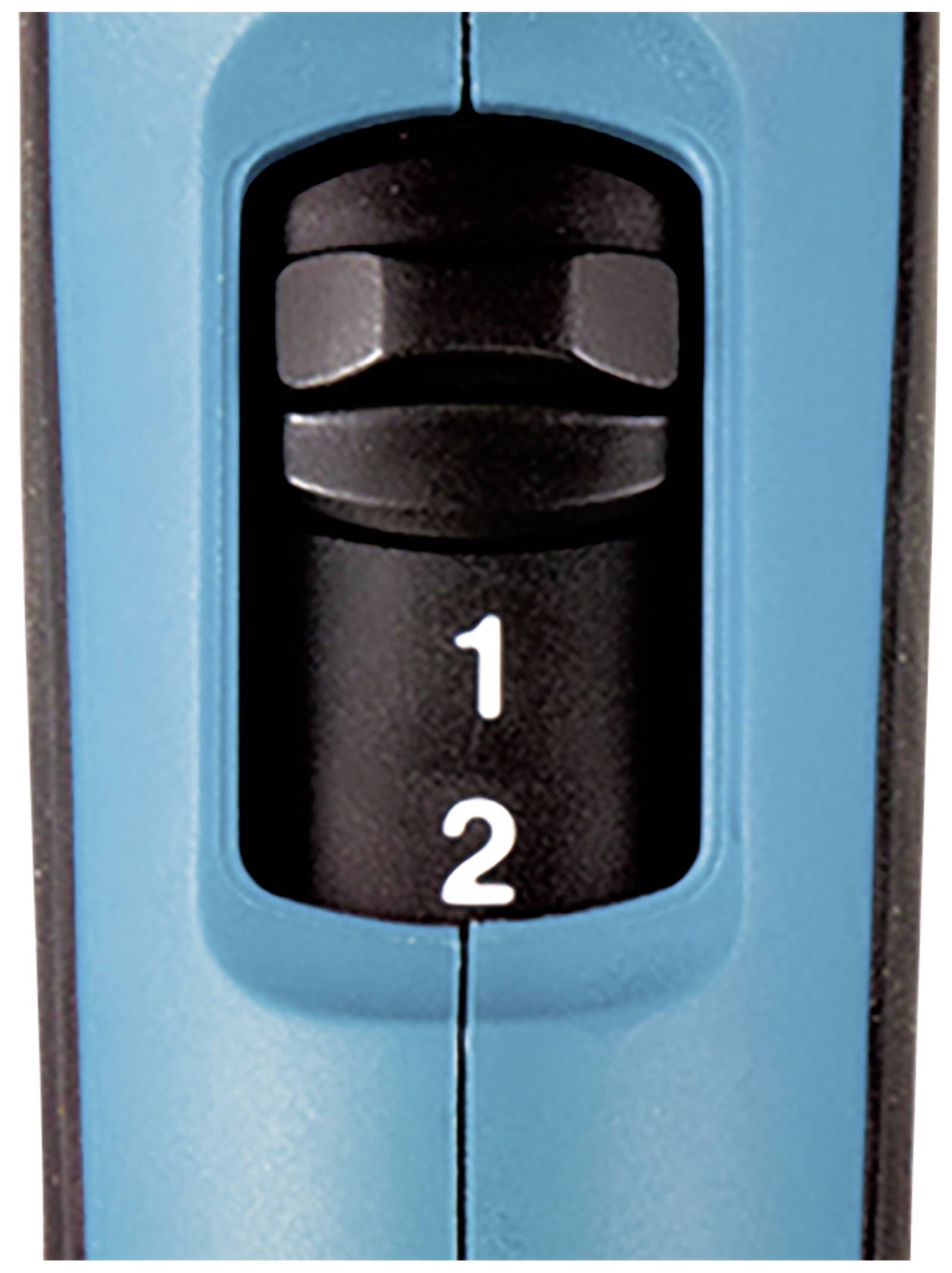 Nahaufnahme eines Schalters mit zwei Einstellungen, beschriftet mit '1' und '2', auf einem blauen Gerät.