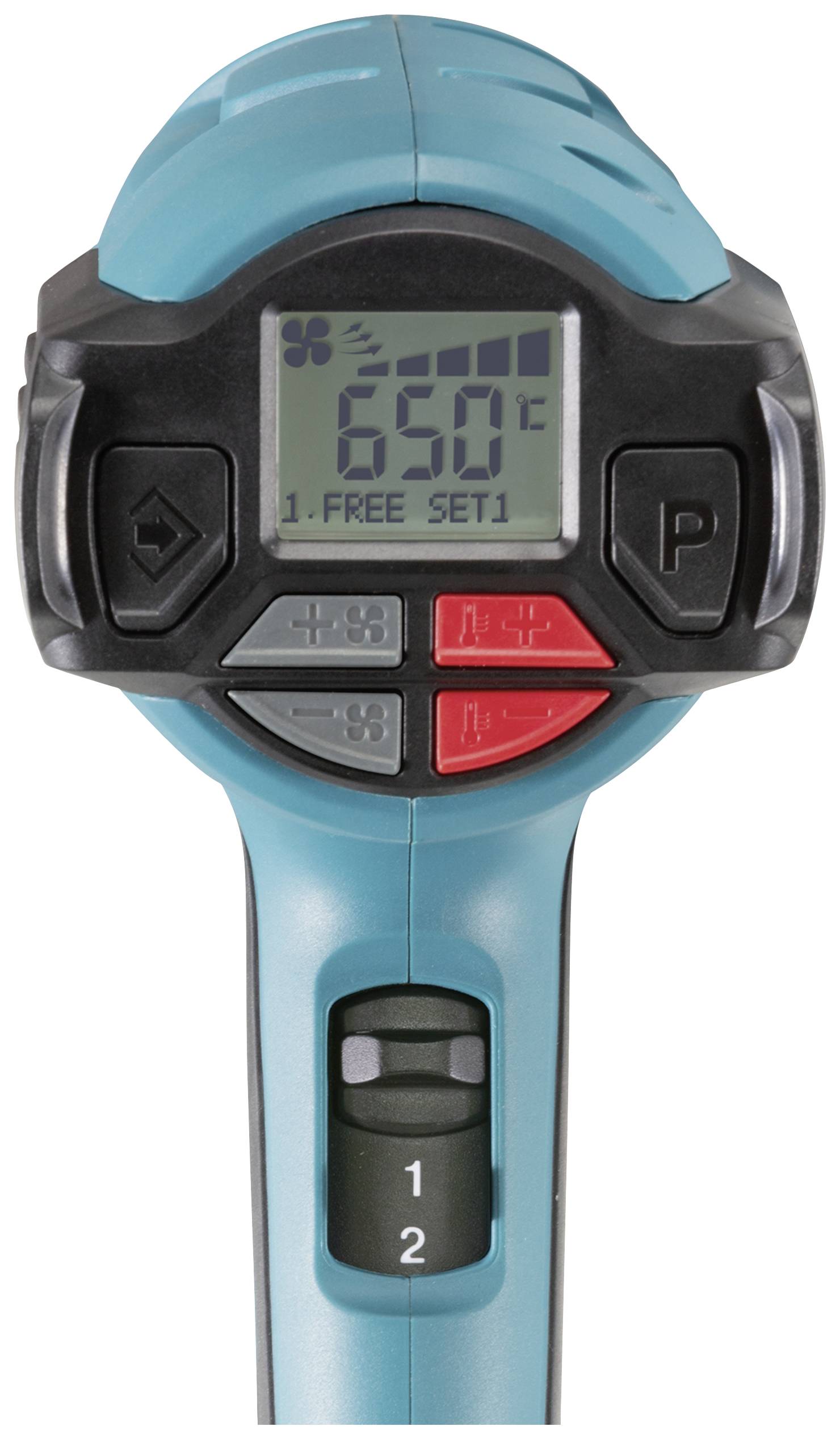 Digitale Temperaturanzeige mit Bedienfeld, zeigt 65 Grad Celsius. Knöpfe für Einstellungen und Lüftergeschwindigkeit. Gerät in Blau.