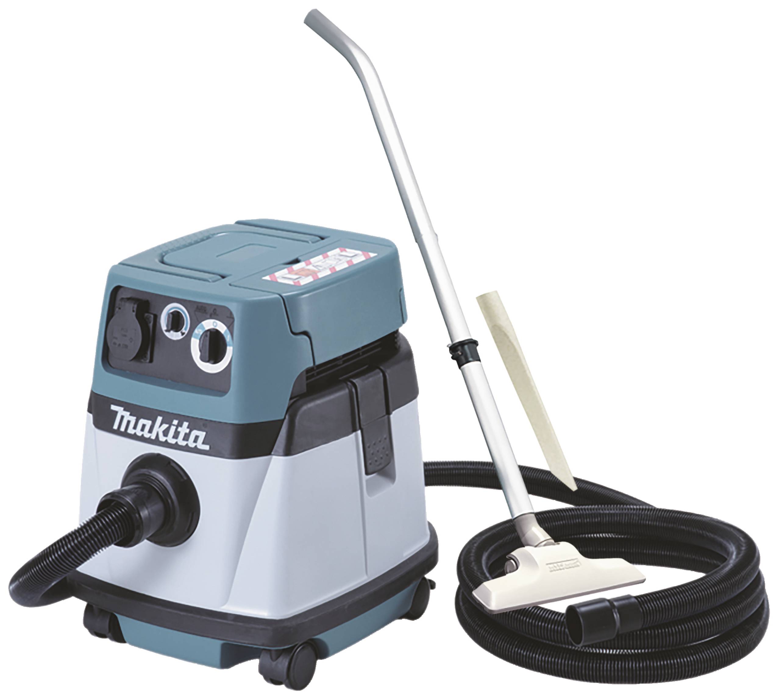 Industriesauger mit verlängertem Saugrohr und Schlauch, geeignet für Baustellen oder Werkstätten.