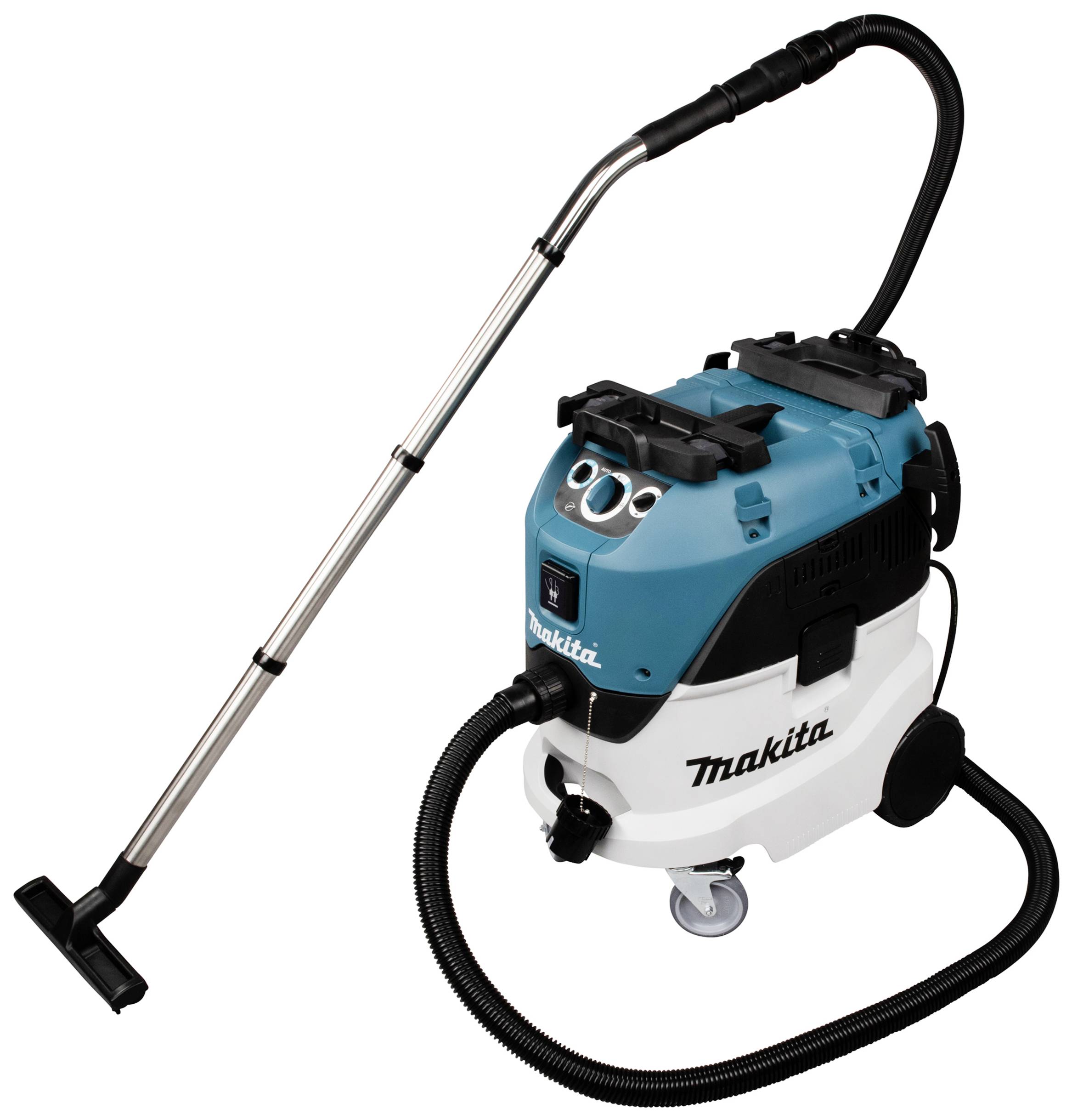 Industriesauger in Blau und Weiß mit einem langen Schlauch und Metallrohr. Markenname 'Makita' sichtbar auf der Maschine.