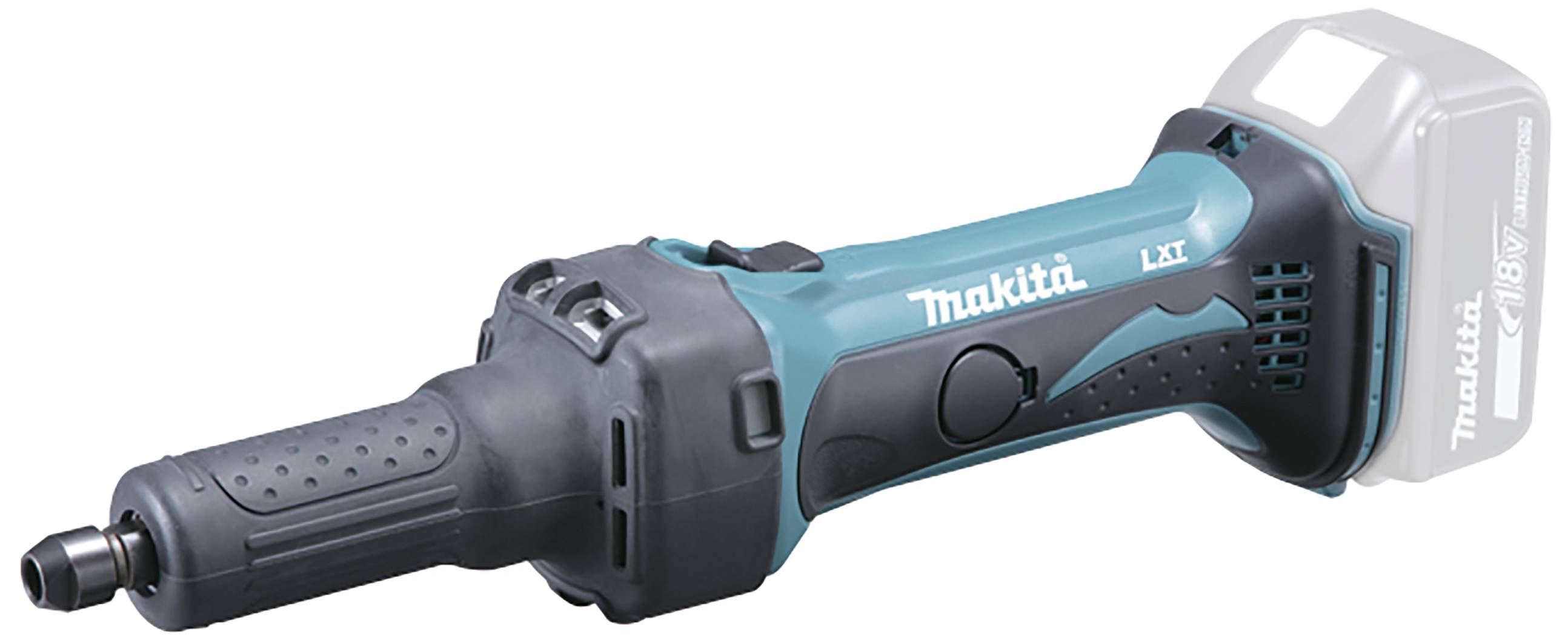 Ein kabelloses, blau-schwarzes Werkzeug, vermutlich ein Winkelschleifer der Marke Makita, mit ergonomischem Griff zum Schleifen oder Schneiden.