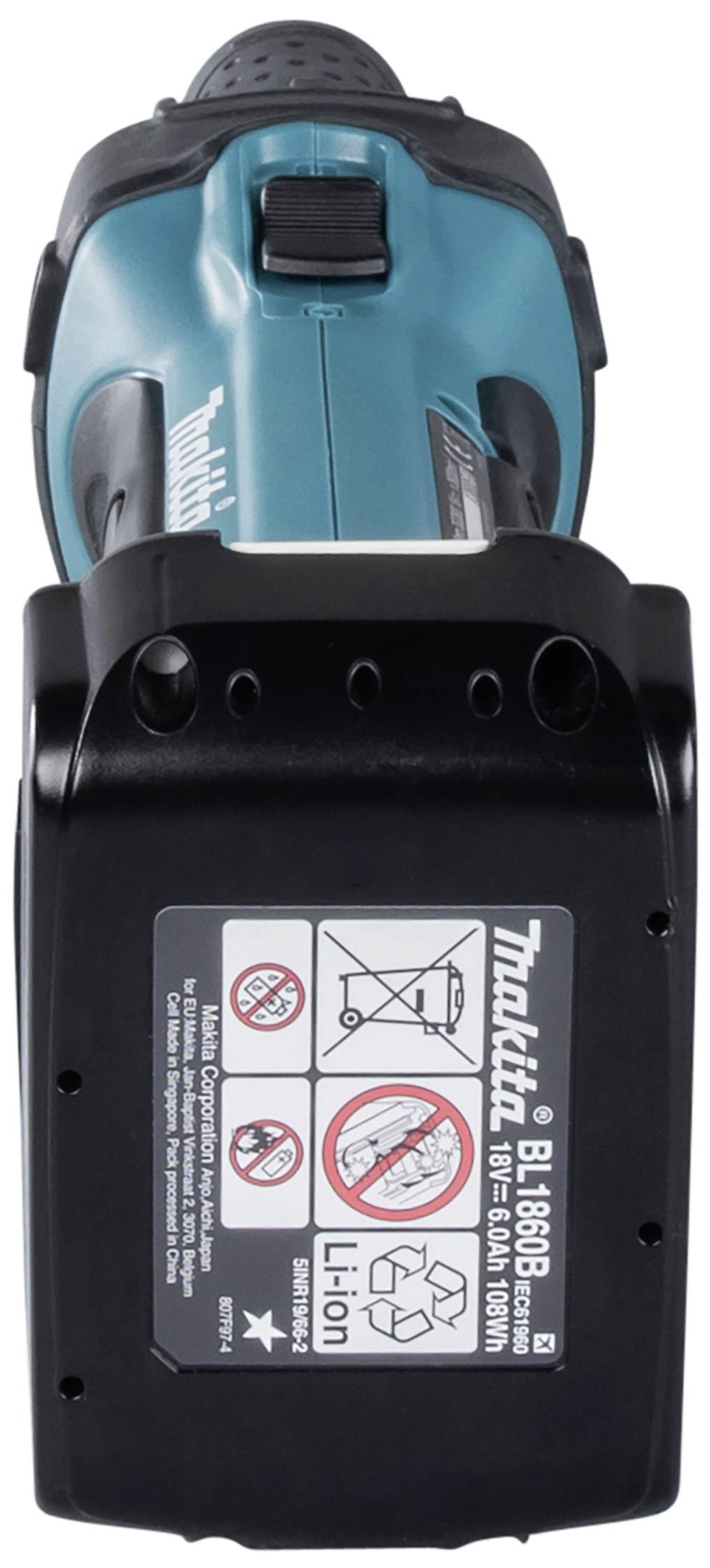 Akkubohrschrauber mit schwarzem Lithium-Ionen-Akku und blauen Elementen, aus der Makita-Serie, mit deutlichen Bedienhinweisen.