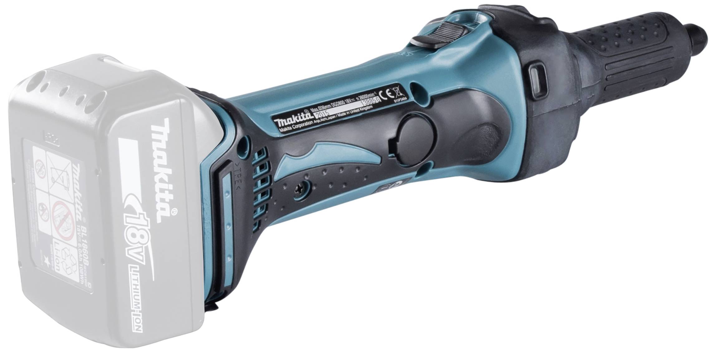 Ein kabelloses, blau-schwarzes Schleifgerät von Makita mit einem Lithium-Ionen-Akku, geeignet für präzise Schleifarbeiten.
