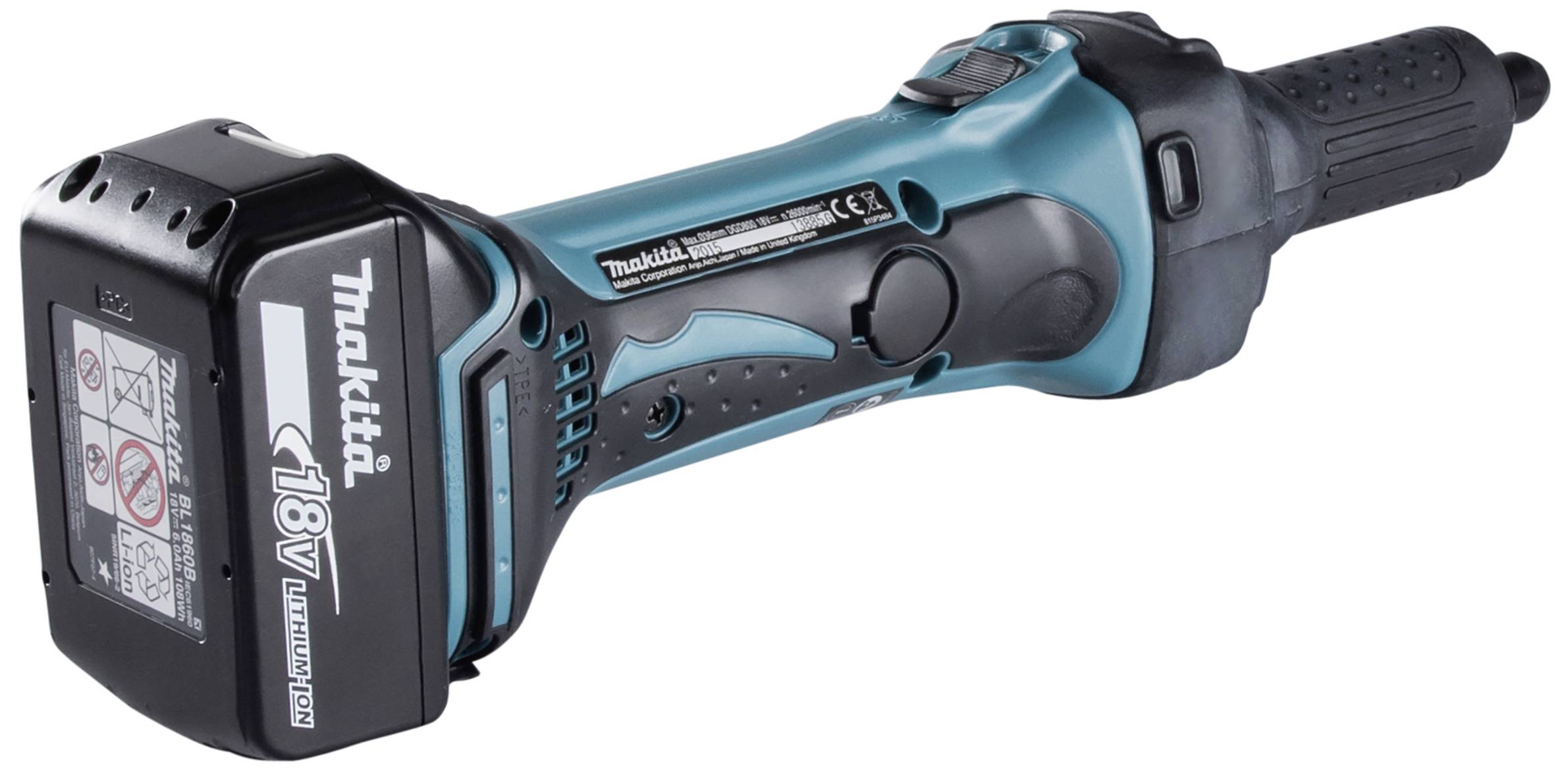 Akkubetriebener Winkelschleifer von Makita, blau-schwarz, mit 18V Lithium-Ionen-Akku ausgestattet.
