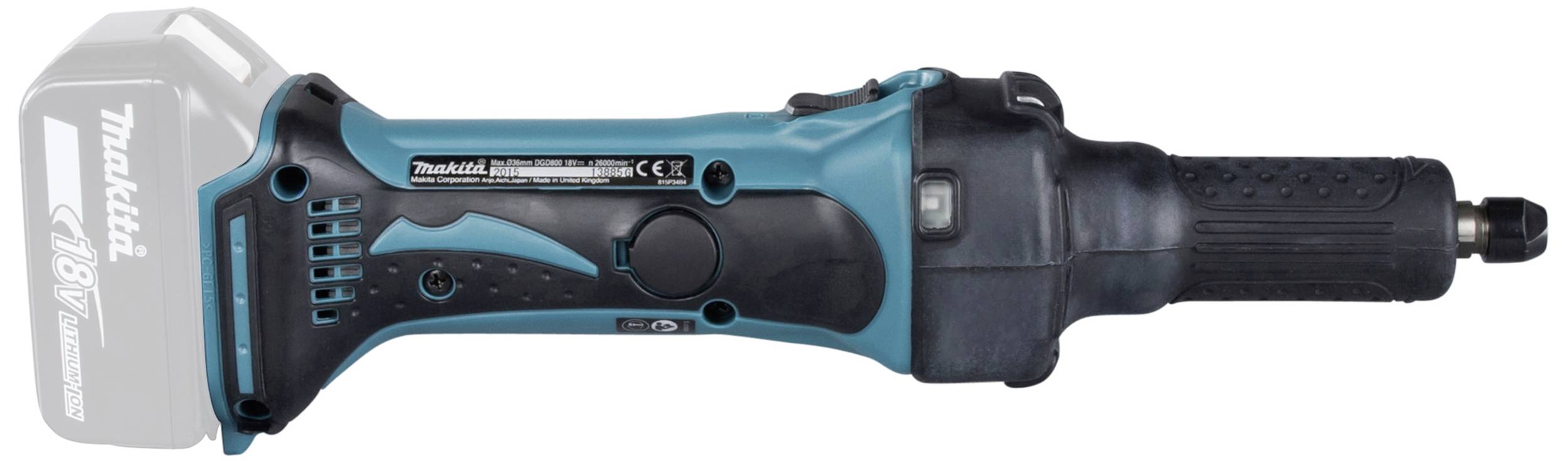 Ein blau-schwarzer kabelloser Bohrschrauber, seitlich gezeigt, ohne eingesetzte Batterie.