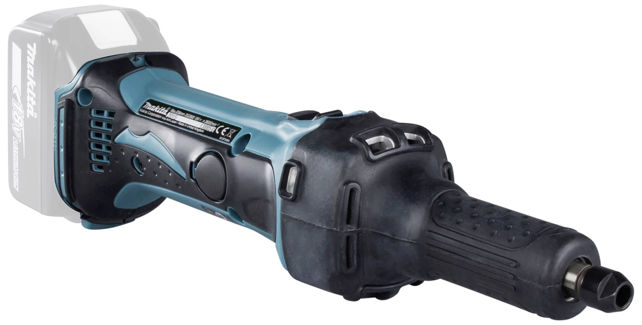 Akku-Geradeschleifer mit blau-schwarzem Gehäuse und ergonomischem Griff, geeignet für präzises und mobiles Schleifen.