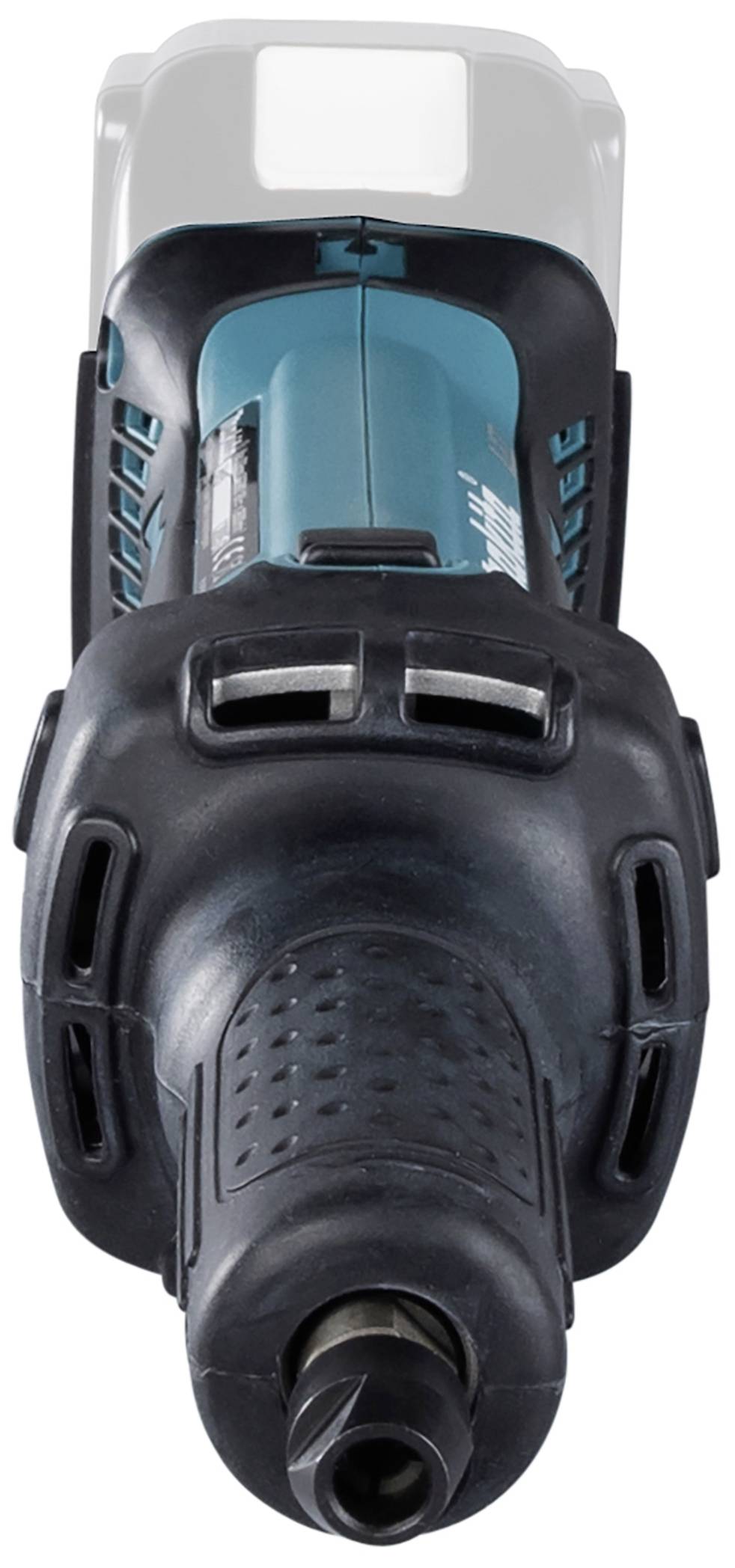 Akkuschrauber-Aufsatz in schwarz mit blauem Gehäuse, Ansicht von vorne.