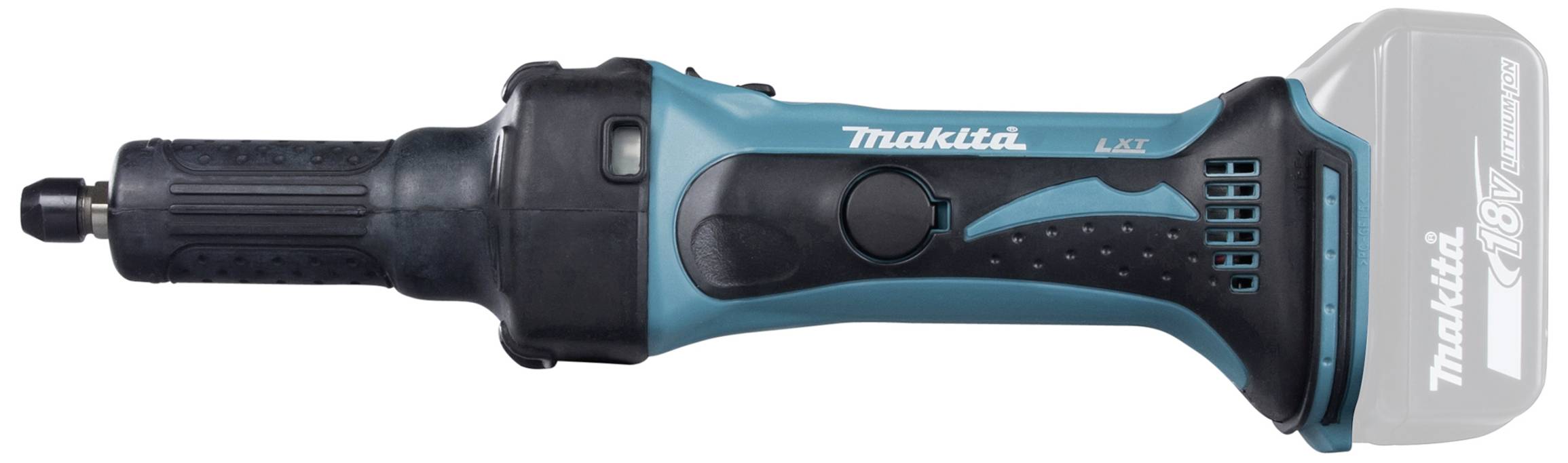 Ein kabelloser, blauer Makita-Schleifer mit entfernbarer Batterie, geeignet für Schleifarbeiten in schwer zugänglichen Bereichen.