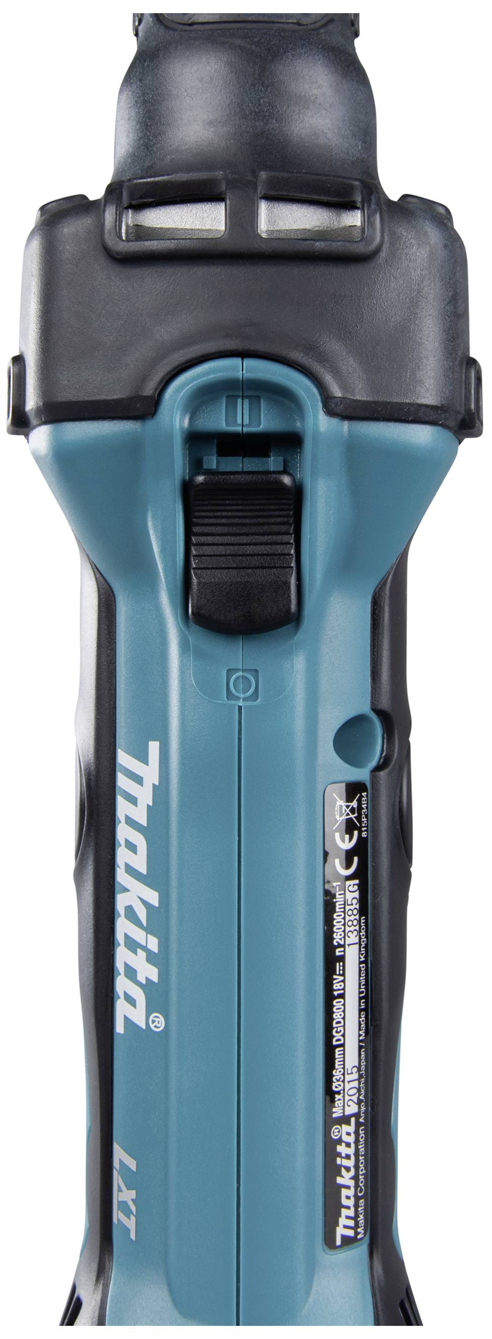 Akkuwinkelschleifer von Makita, Ansicht von vorne. Blaues Gehäuse mit schwarzem Griff und Schalter.