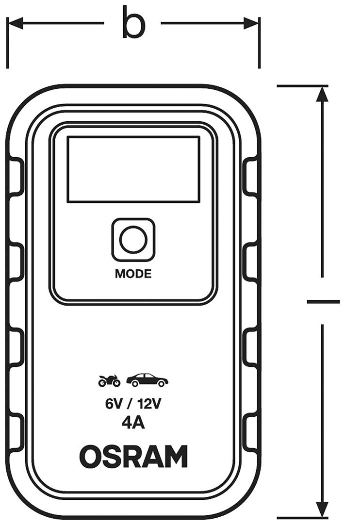 Eine schematische Darstellung eines OSRAM-Ladegeräts mit Symbolen für Autos und Motorräder. Zeigt Modi für 6V/12V bei 4A.