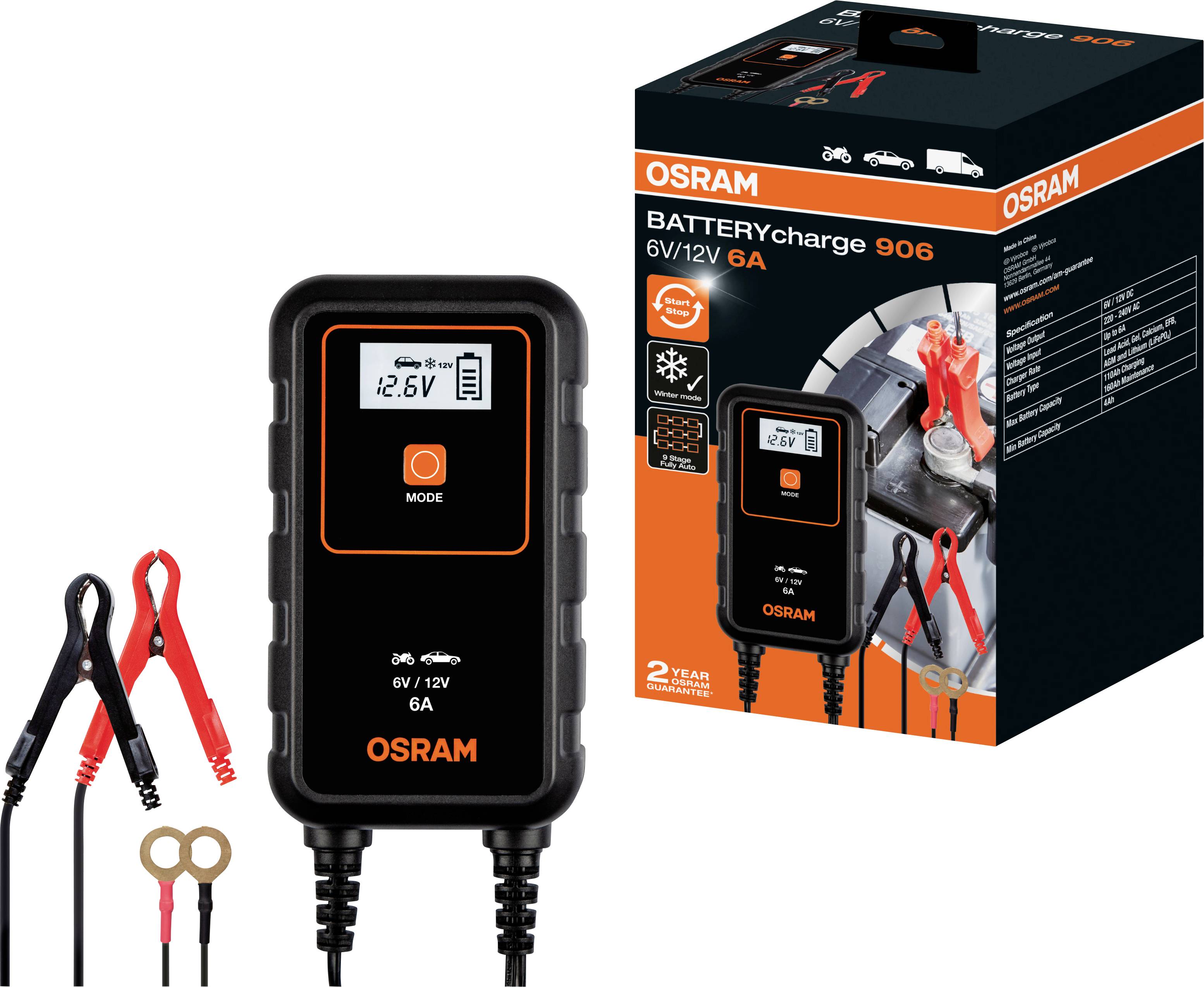 Batterieladegerät OSRAM BATTERYcharge 906, 6V/12V 6A, mit Display. Geeignet für Autos und Motorräder. Verpackung und Klemmen inklusive.