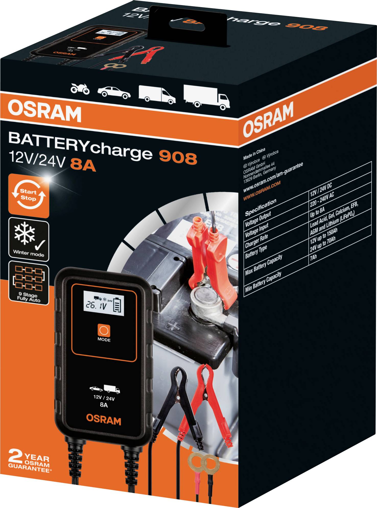 Osram BATTERYcharge 908, Ladegerät 12/24V 8A. Verpackung zeigt Gerät mit Klemmen, geeignet für Autos, Motorräder und Boote. 2 Jahre Garantie.