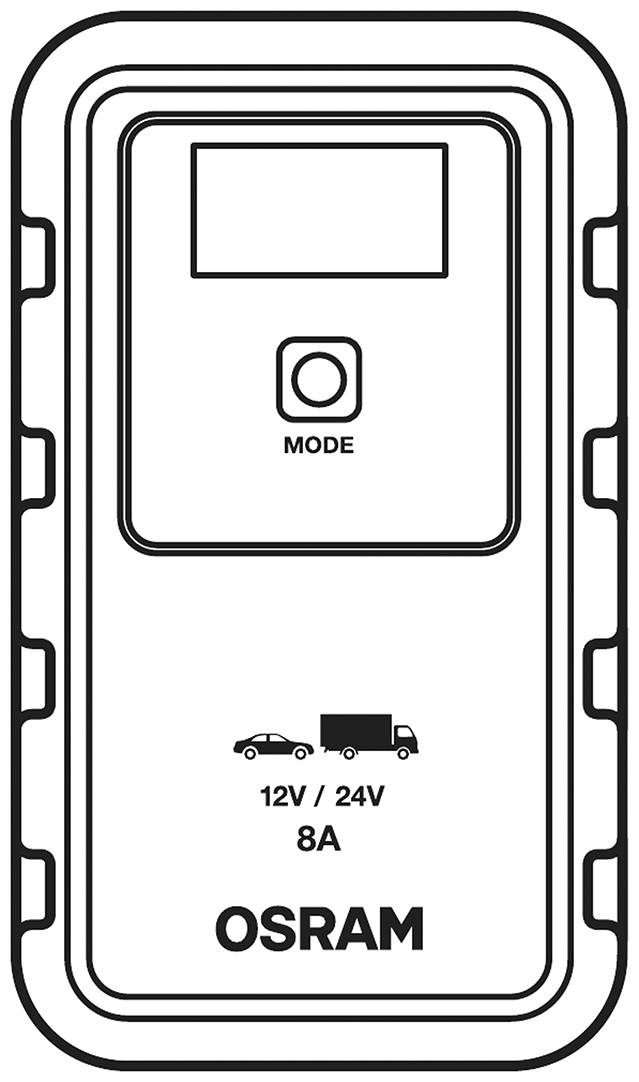 'OSRAM Ladegerät', zeigt eine Ladeanzeige mit '12V / 24V', '8A', Autosymbol und Modustaste. Geeignet für Pkw und Lkw.