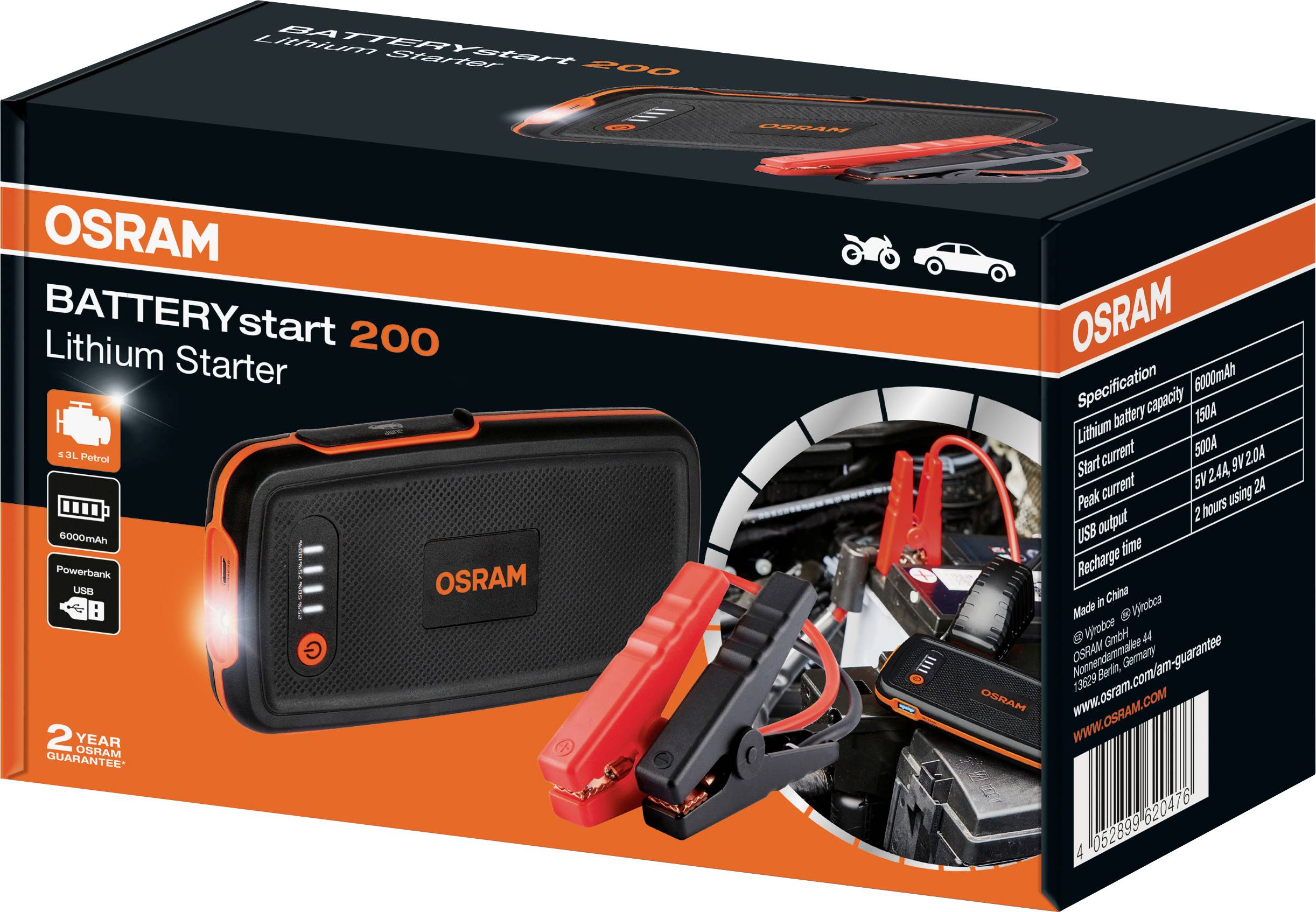 Osram Automotive Schnellstartsystem BATTERYstart 200 OBSL200 Starthilfestrom (12 V)=150A USB-Steckdose 1x