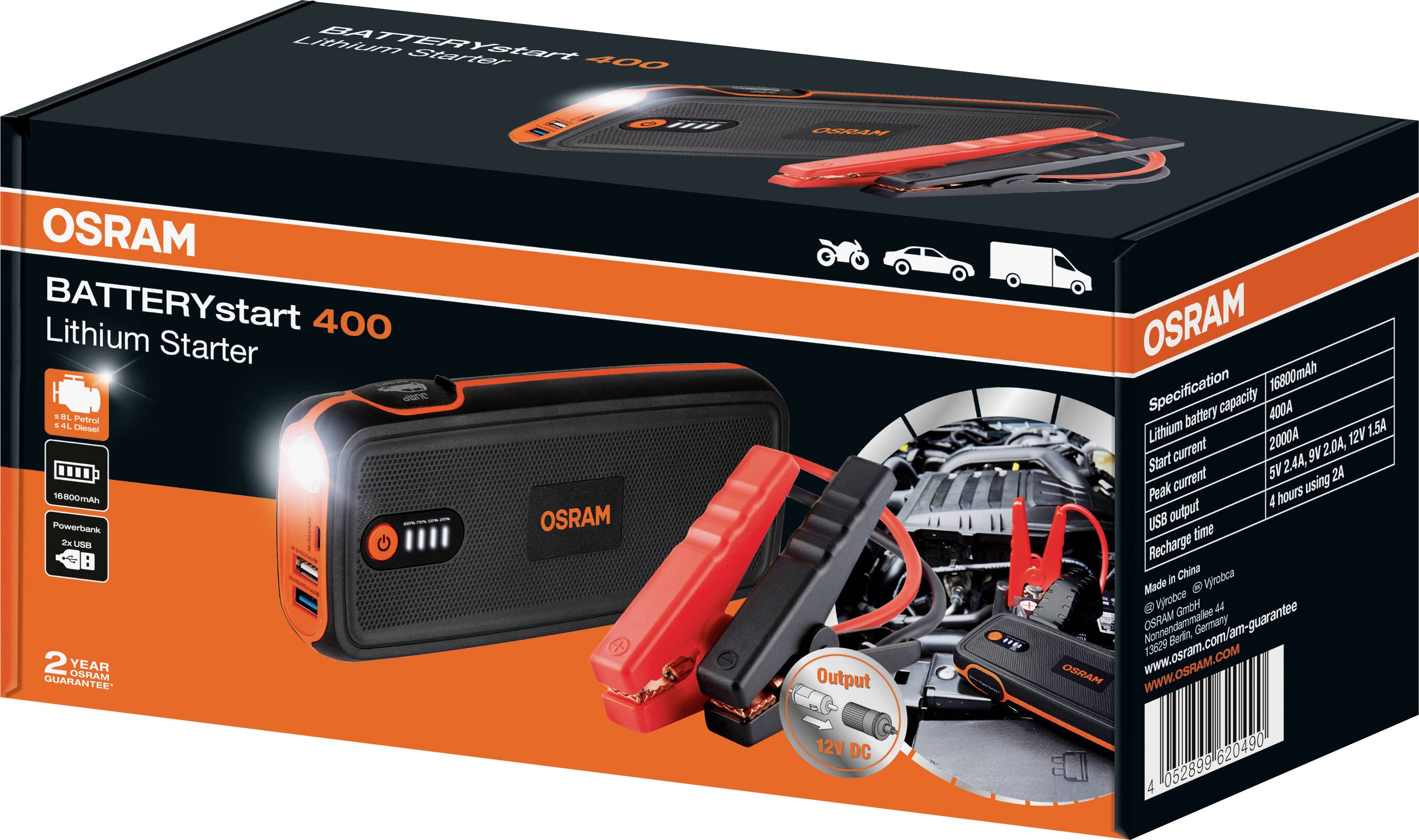 Osram Automotive Schnellstartsystem BATTERYstart 400 OBSL400 Starthilfestrom (12 V)=400A USB-Steckdose 2x