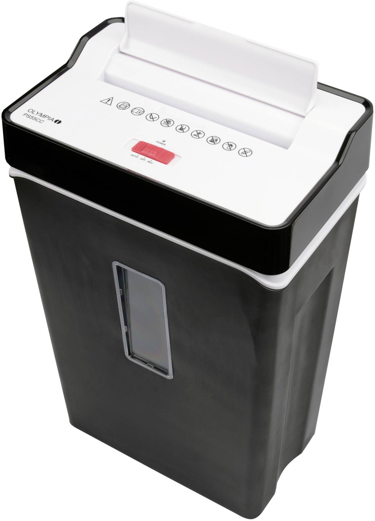 Ein Aktenvernichter mit schwarzem Gehäuse und weißer Oberseite. Oben befinden sich Symbole zur Sicherheit und ein roter Schalter.