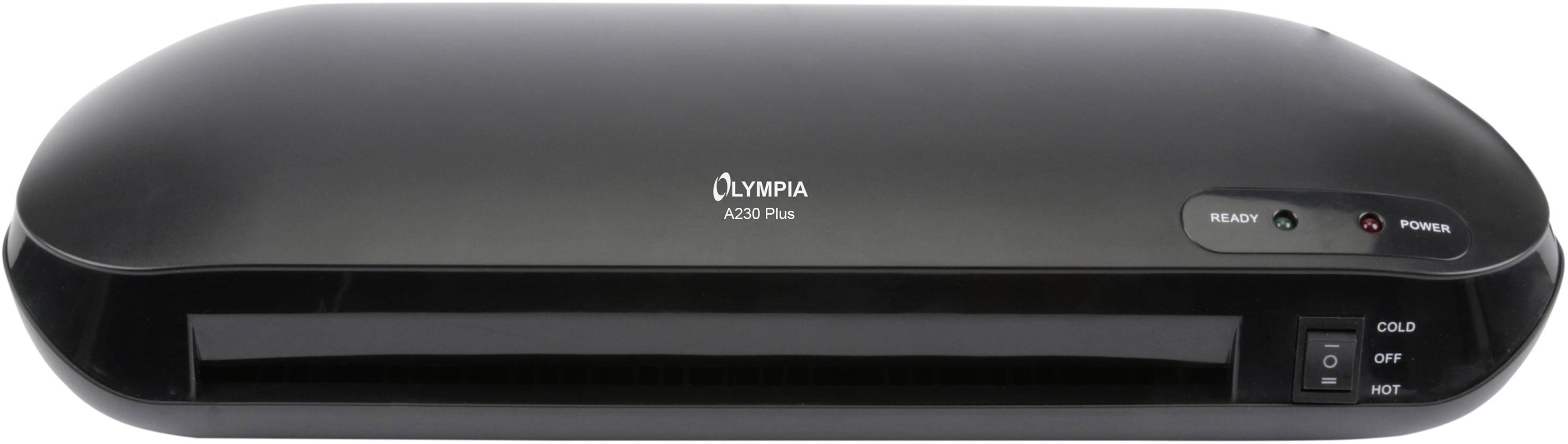 Ein schwarzes Laminiergerät der Marke Olympia A230 Plus mit Schaltern für 'Kalt' und 'Heiß', sowie Bereitschafts- und Power-Anzeigen.